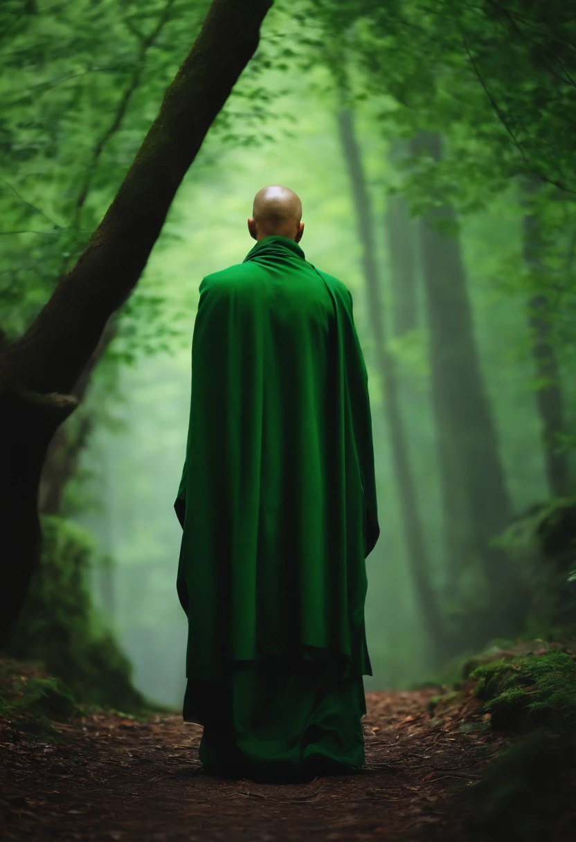 Monk in the forest ** und ** One and sad and low and low and crow in green and color style in 4K.