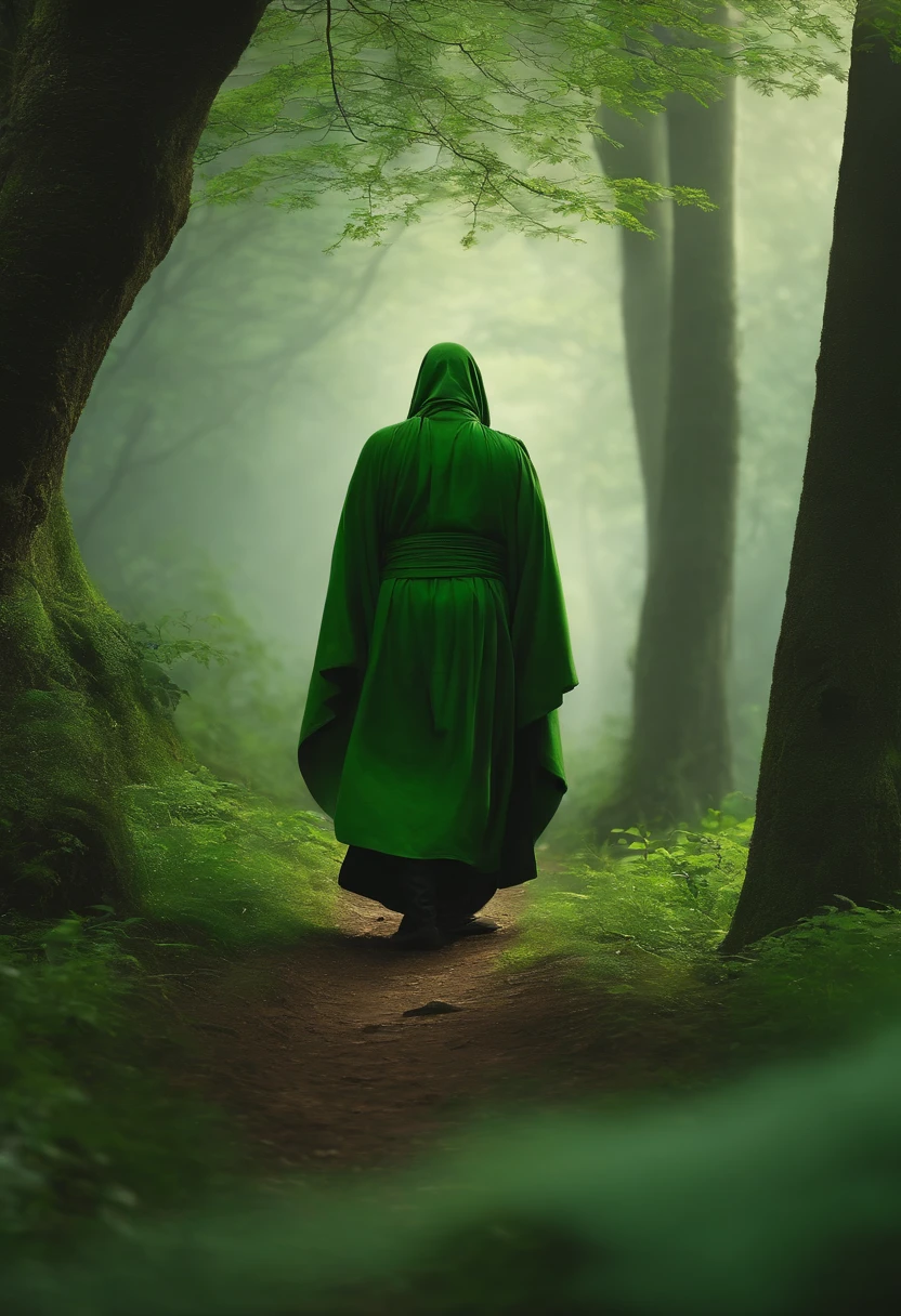 Monk in the forest ** und ** One and sad and low and low and crow in green and color style in 4K.