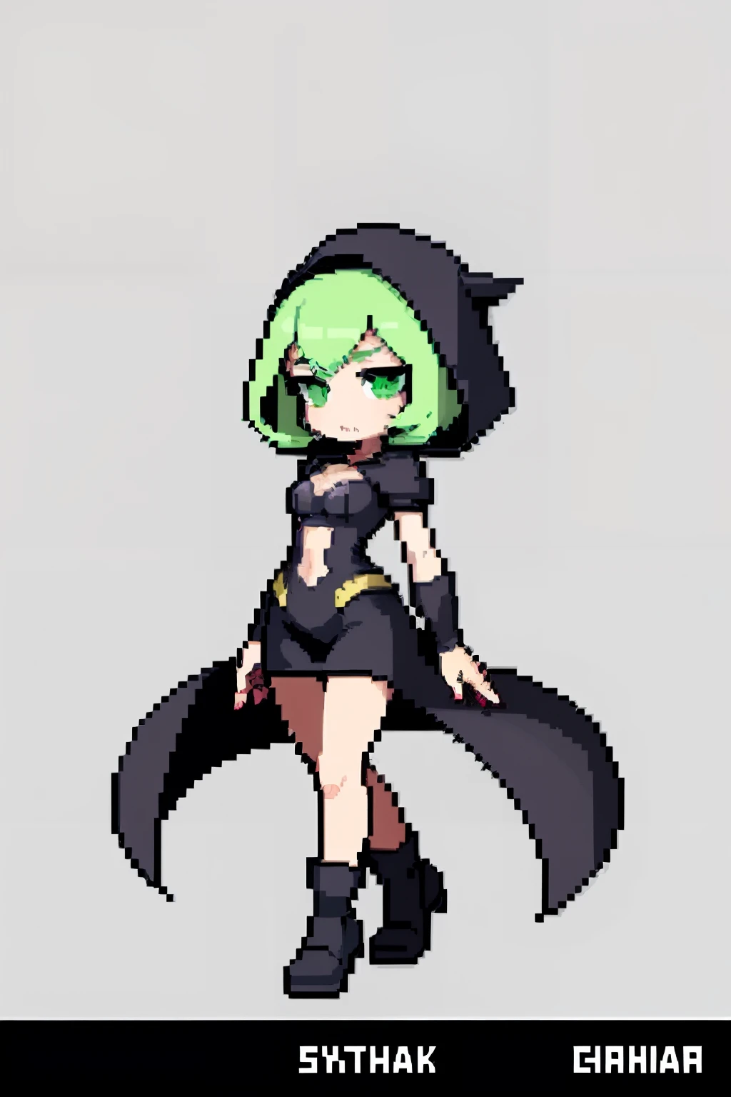 (masterpiece, top quality, best quality), pixel,pixel art,1girl,full body, a drawing of a woman with green eyes, in style of cytus and deemo, ghostly necromancer, covered sfw small breasts, by senior character artist, 3 figures as winter spirits, skull clown, character sheet, deepsea, hooded cloaks, quintessa