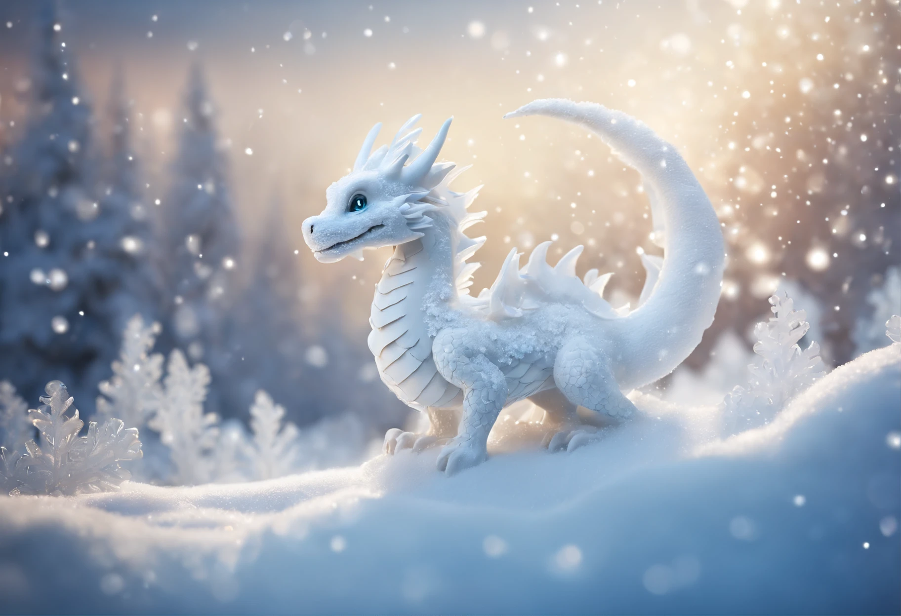 best quality,ultra-detailed,snow medium,little white dragon made of snow,playful snowballs,snow-covered landscape,crystal-like texture,sparkling snowflakes,Christmas theme,magical atmosphere,frosty colors