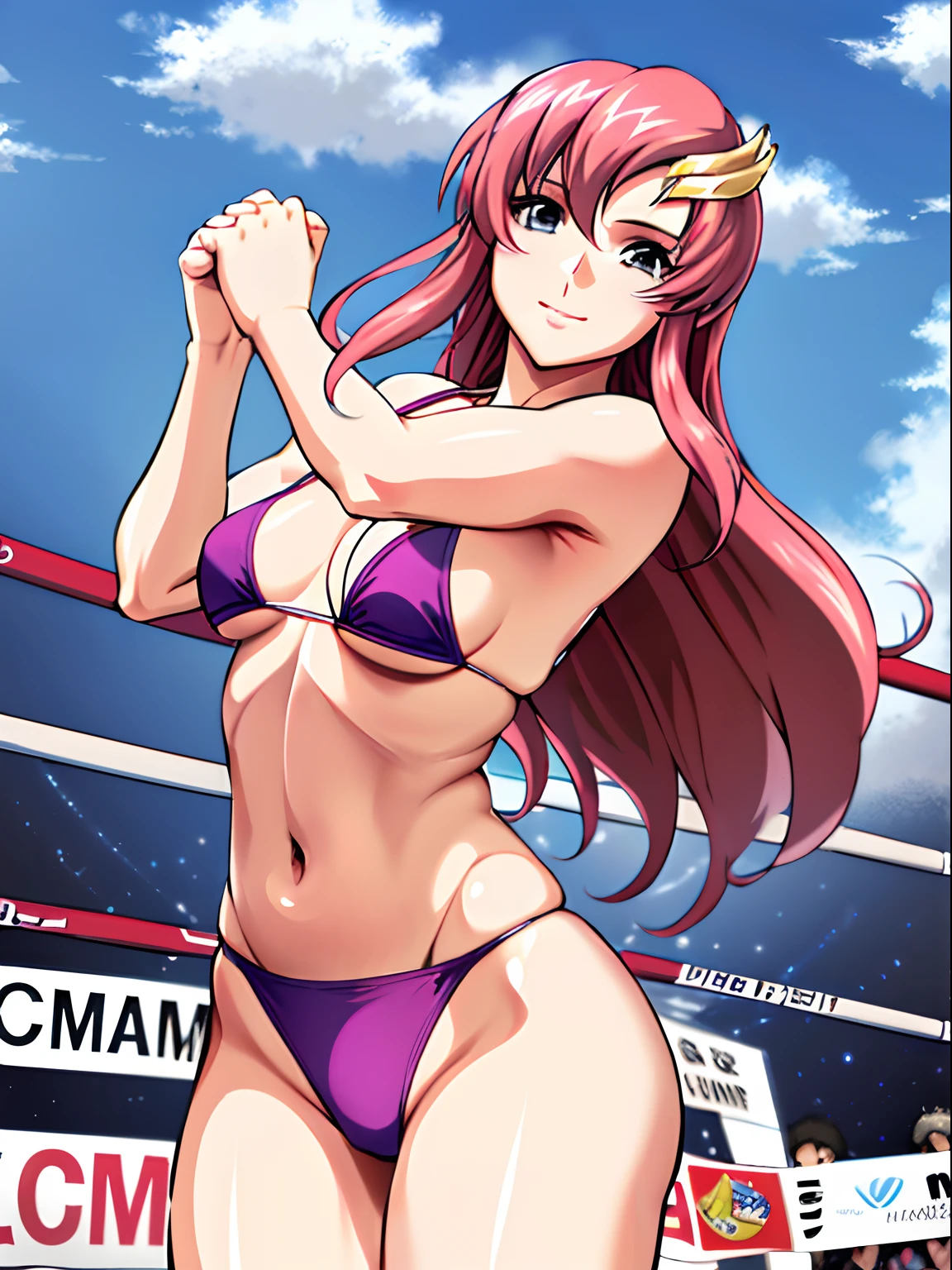 (masterpiece, far view, 4K, Best Quality, Anime style: 1.9,, Adult Woman, ultra detailed face, (cloud background, wrestling), Drawing lines, high resolution, Anime, lacus4), 1girl, Solo, curvy figure, Long hair, 鎖骨, scapular, (Detailed wide hair bangs, Hair Ornament, Detailed reddish-pink hair, golden crest), cleavage, large hands, (female wrestler). (Big blue eyes, shiny eyes), ((female wrestler, little biceps, slender body, broad shoulders, closed fists)), ((perfect proportions, medium breasts, long belly)), (((micro bikini, pink wrestling gear, champion))), happy, smile, , (belly dancing, looking at the viewer), , showing off underarm, (elegant lady), random pose,