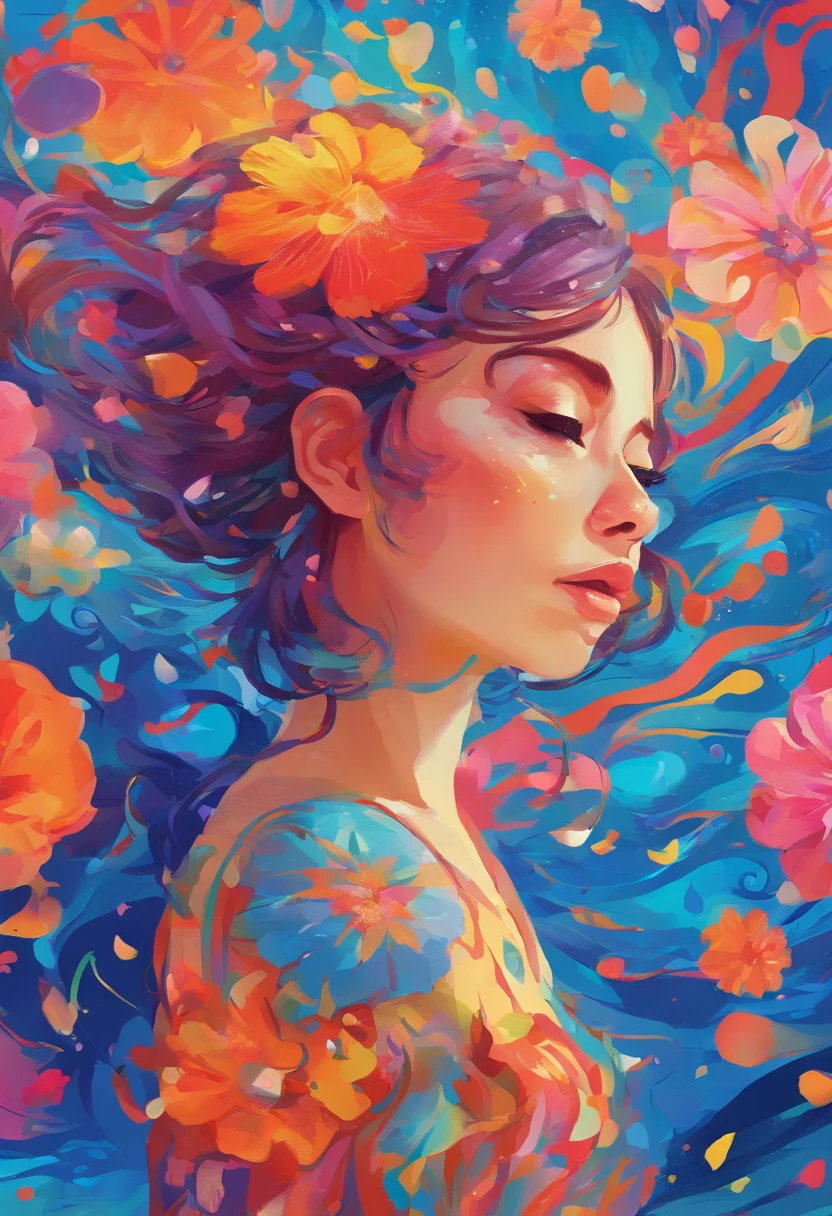 (best quality,8k), (realistic), (face focus:1.1), (blue:1.3), cute girl, short hair, hair is flowing in the wind, looking sideways, looking up at your face, one eye closed, (sleeveless:1.1), wearing a skirt, D-cup breasts, numerous flower petals falling.