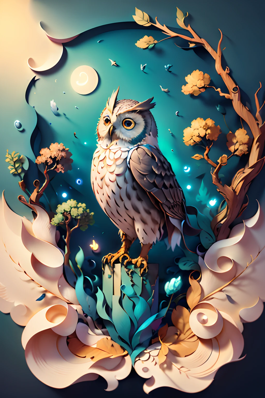 (((masterpiece))),bestquality,illustration,beautifuldetailedglow, paper_cut, owl, tree,moon,