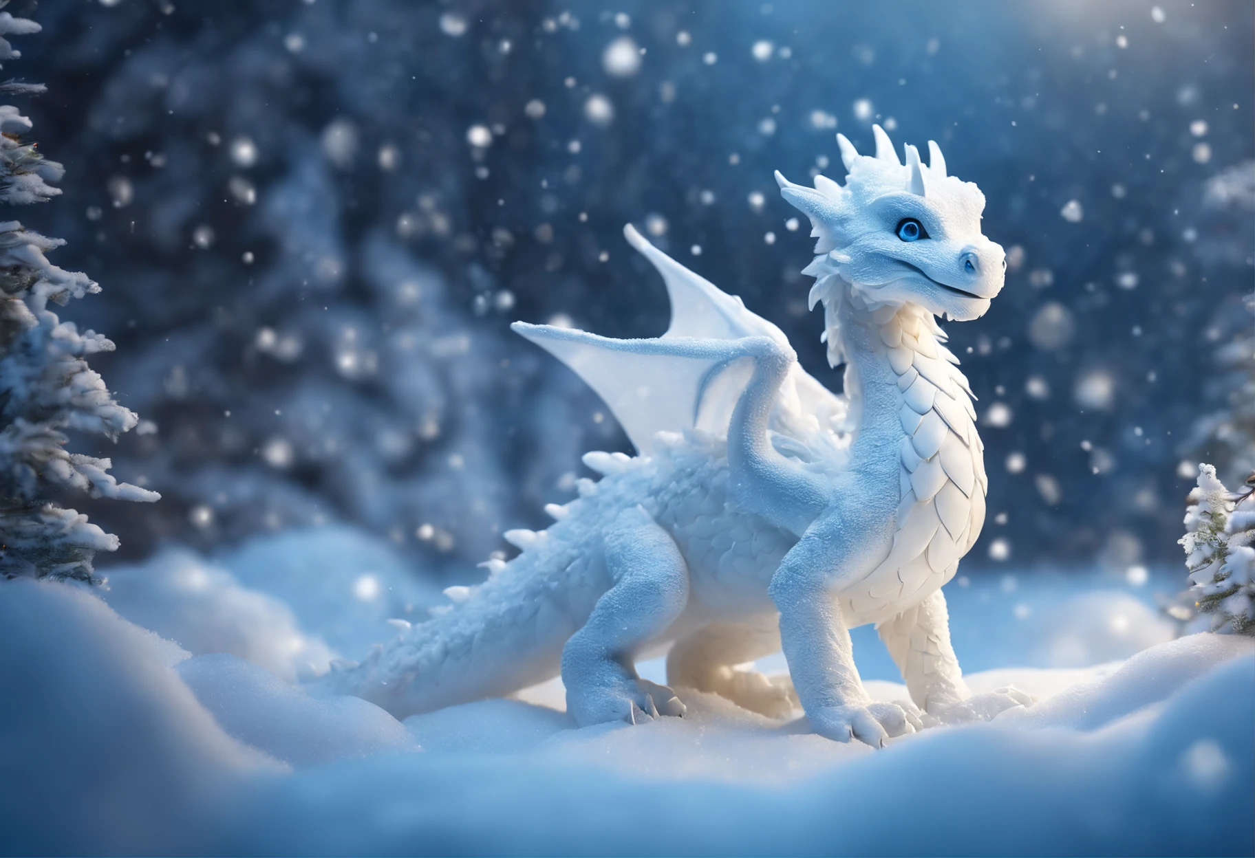 best quality,ultra-detailed,snow medium,little white dragon made of snow,playful snowballs,snow-covered landscape,crystal-like texture,sparkling snowflakes,Christmas theme,magical atmosphere,frosty colors