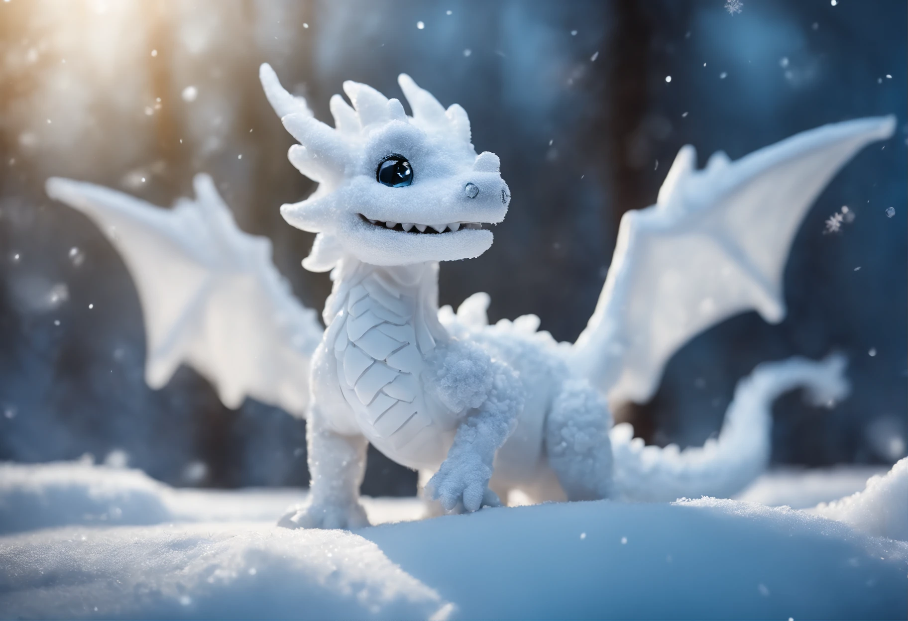 best quality,ultra-detailed,snow medium,little white dragon made of snow,playful snowballs,snow-covered landscape,crystal-like texture,sparkling snowflakes,Christmas theme,magical atmosphere,frosty colors