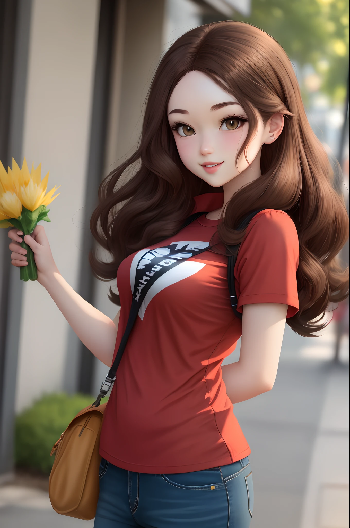 Pokémon trainer with long brown hair, girl, red shirt