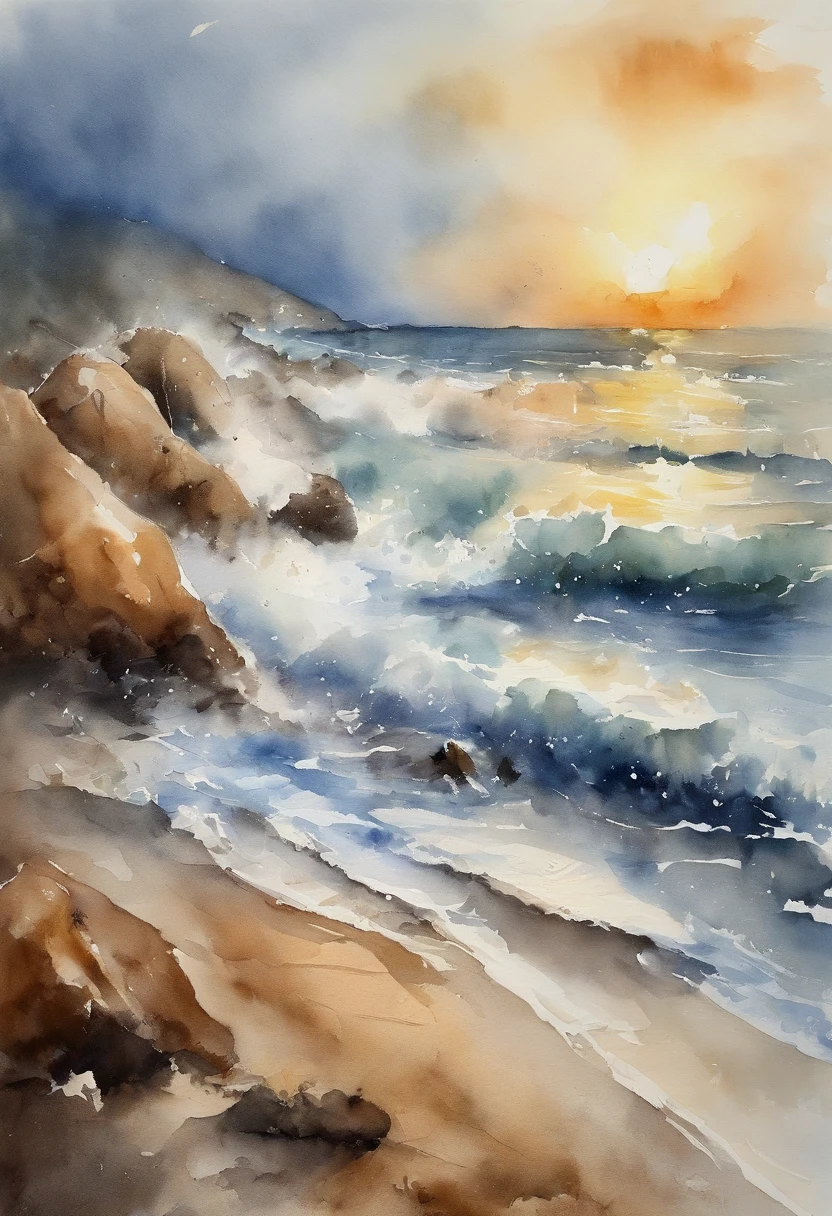 SENSE OF CINEMA,Beautiful evening seaside,Two little babies rushed out to sea from the beach,Silvery-white waves lapping against the beach,setting sun