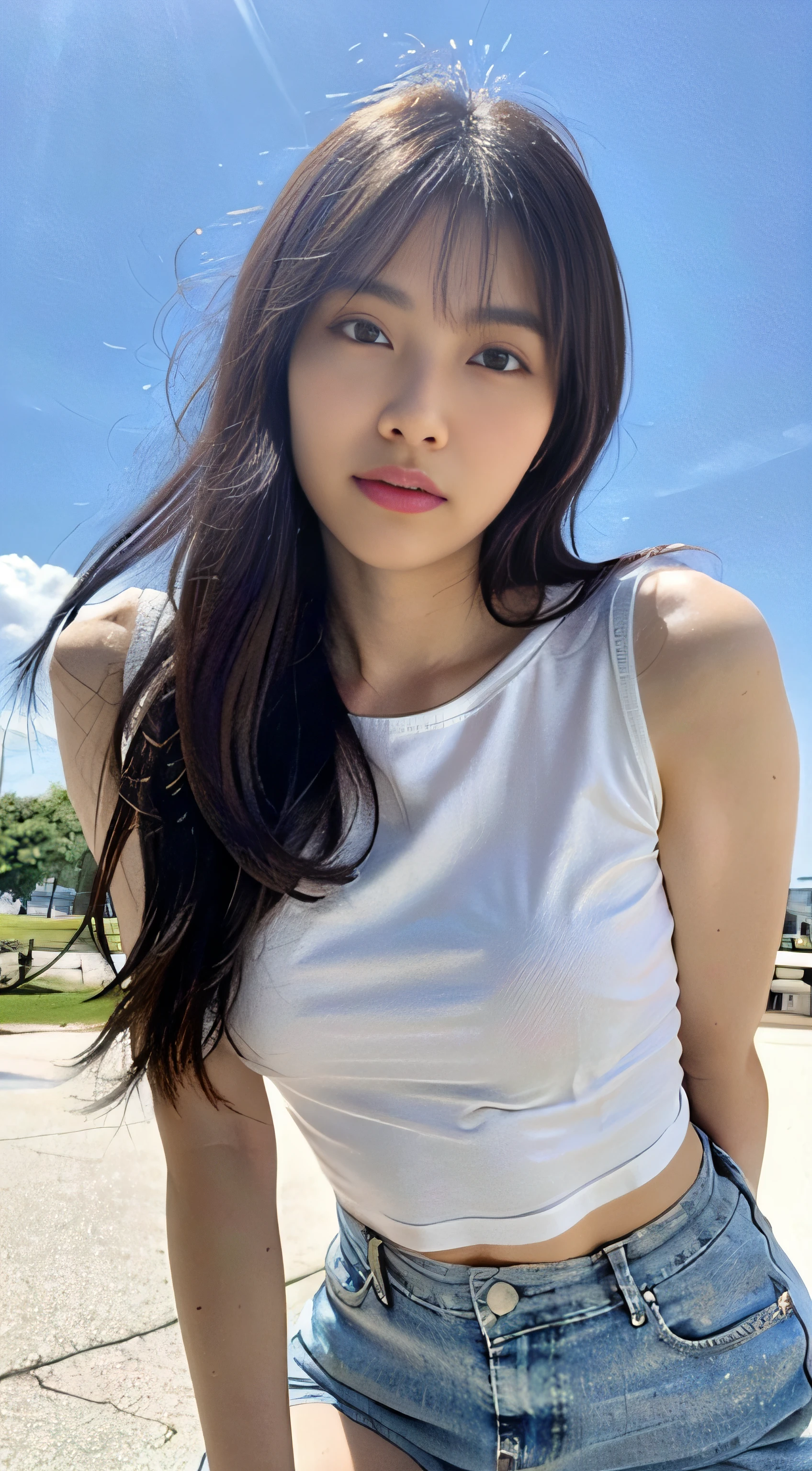 (Top Quality, 8K, 32 k, masterpiece, UHD:1.2),Korean Idol Girl, Photo of Pretty Japanese woman, A dark-haired, beautifull face,(leaning forward:1.3),squating,(Raw foto:1.6)(Thin underwear, smooth thighs)(Configure from top to bottom:1.2),POV,((Very loose t-shirt:1.2)),(Beautiful nipple slip:0.9),plein air,The wind is blowing,sparkly skin,blured background, Hot summer, sweatdrops,