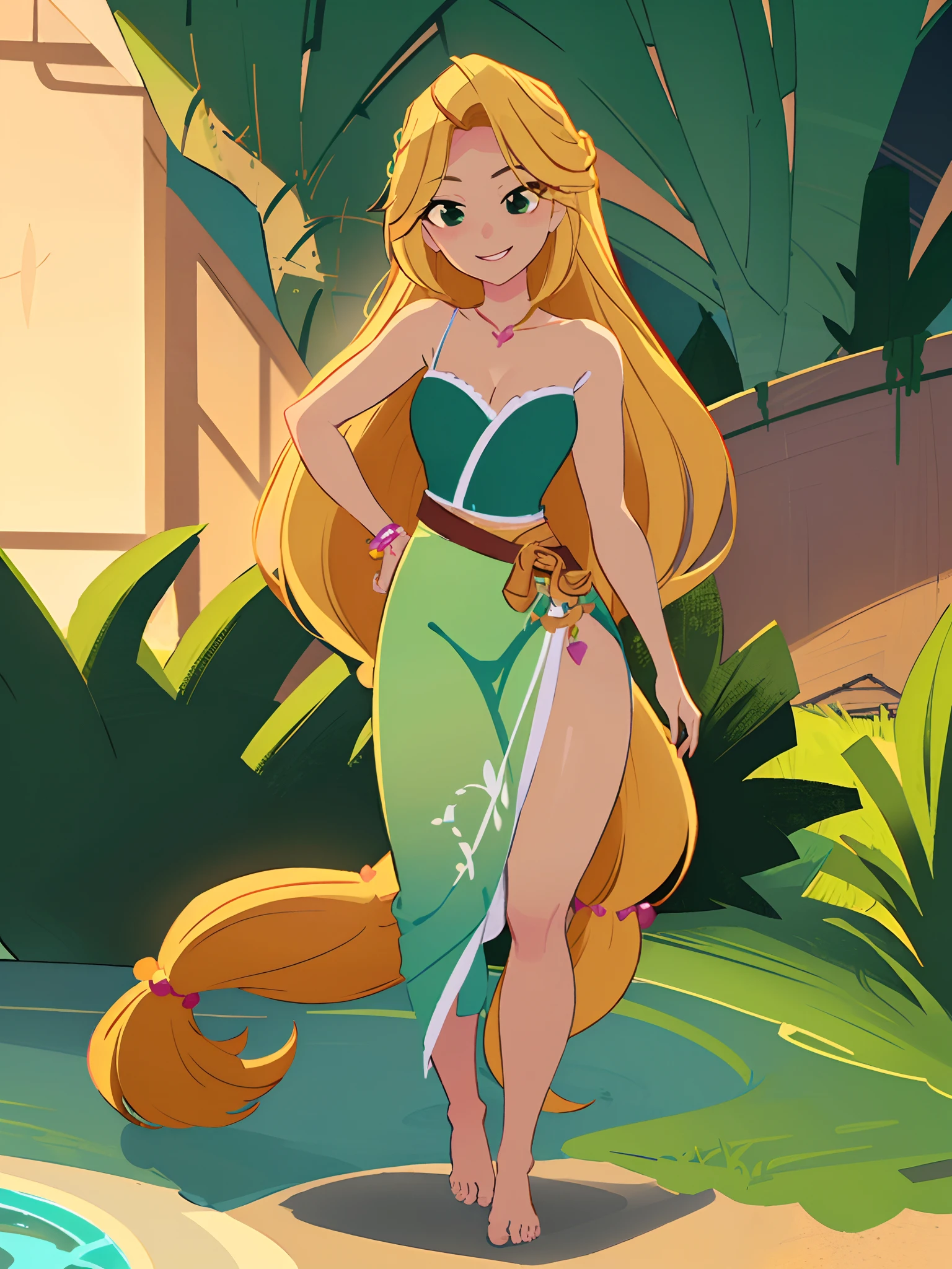 (masterpiece, best quality, high resolution: 1.5) rapunzel, stands in the pool, faces the viewer, green island outfit, (loose hair: 1.9), great smile, green eyes, Rapunzel bends over, Rapunzel kisses the viewer