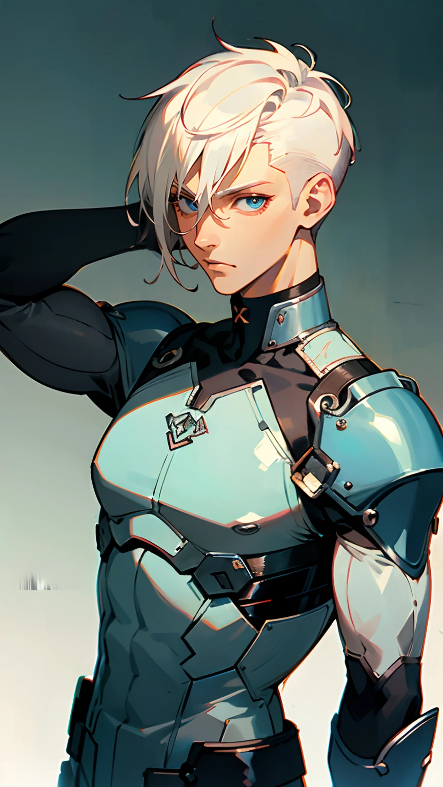 Handsome man , White hair , very Short hair, ((crew cut hair style:1 )) , Blue eyes , light skin , ((muscular:1)),masculine ,age 28,
(masterpiece, best quality )detailed, 1Character , pastel washed out colors , cell shade , soft, muted shades ,gentle colors ,
Wearing a mix of sword art online and futuristic style clothes