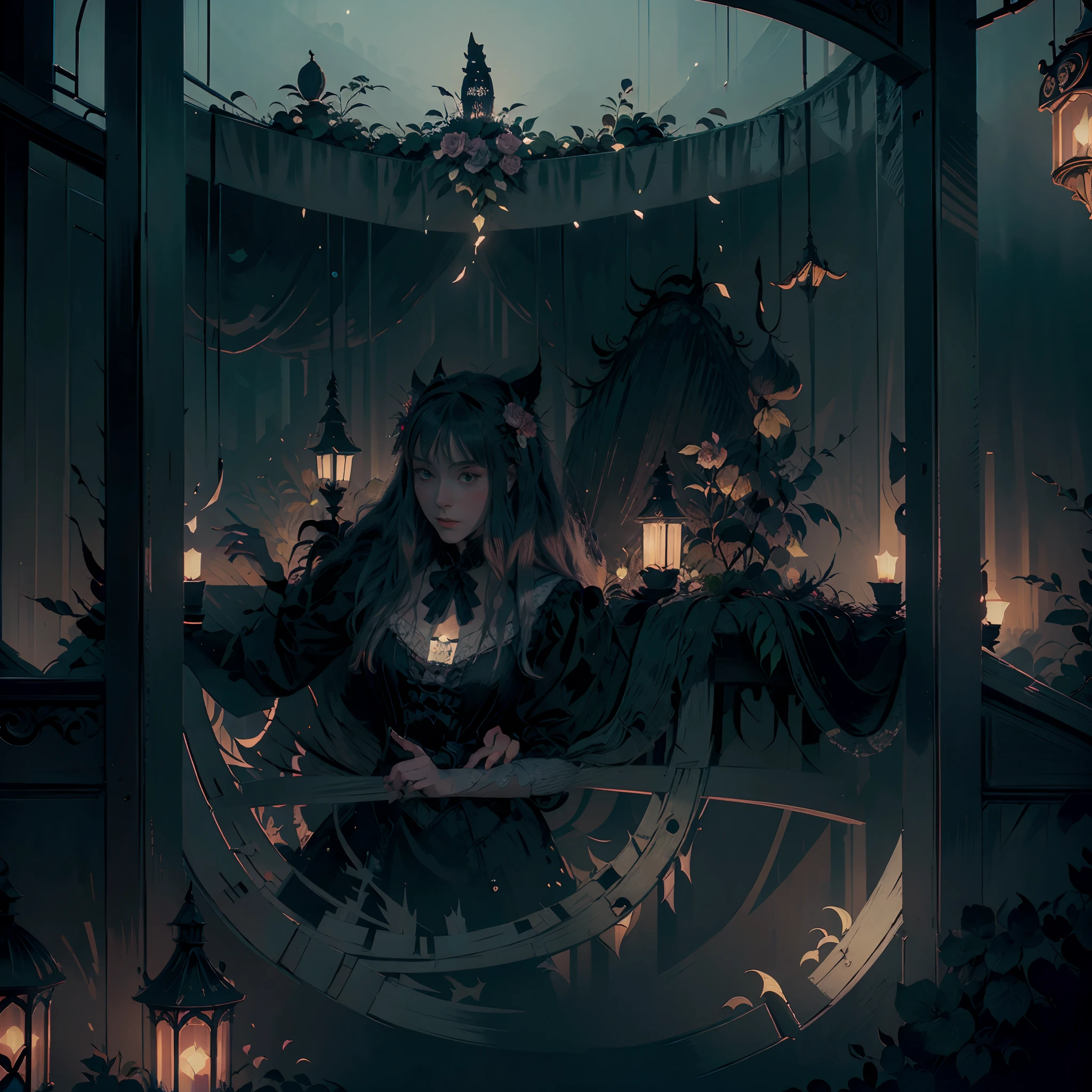 Anime style, anime character, best quality, ink ,acrylic, , fairytale, storybook detailed illustration, close up cute well-dressed vampire girl at the balcony looking on the Victorian city, , swirling rose flowers, bats, fog, otherworldly , intricated pose, sharp eyes, filigree detailed, intricately decorated, Viktor Vasnetsov , Bilibin, Theodor Kittelsen, ultra highly detailed, tiny details, beautiful details, mystical, luminism, , complex background