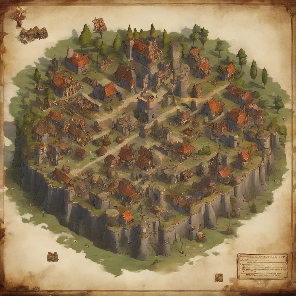 Medieval Town Stop Telling Tabletop, where it is completely destroyed, Protective walls around, zombies, It has a machine-gun type mechanism, It has a style, which reflects a fantasy RPG city,