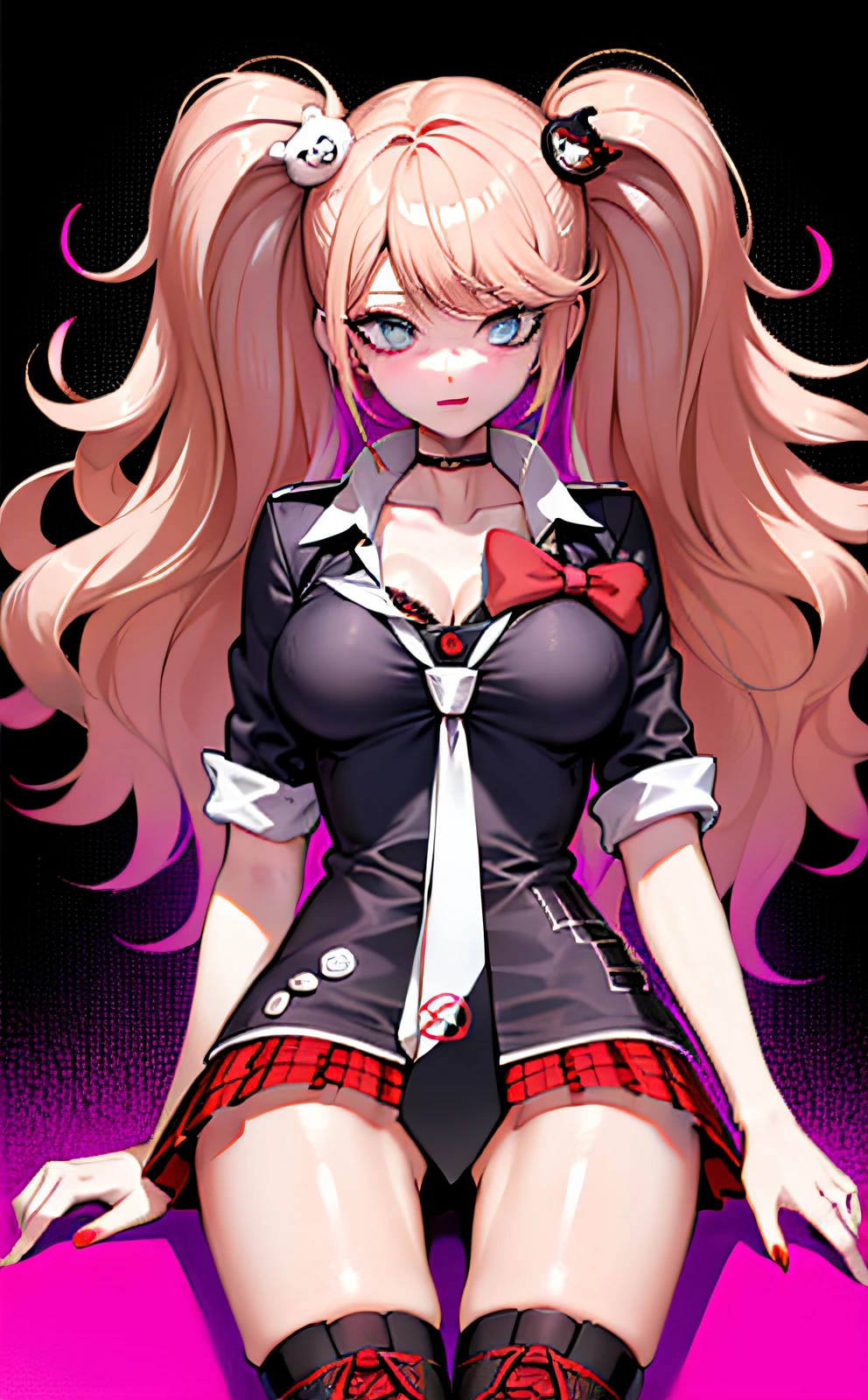 Junko Enoshima, A blonde long-haired, 1girll, double tails, 独奏, eBlue eyes, By bangs, bear hair ornament, nail polish, rednails, red bow, black shirt, underdressing, choker necklace, Black bra, 鎖骨, Sleeves rolled up, white necktie, Pleated plaid red dress, 校服, Black crossover lace-up knee boots, shiny, shinny hair, scenecy, view over city, urban backdrop, (hands on the chest), hand on breast, correct hand,Correct anatomy,five fingers,beautiful hand,full bodyesbian