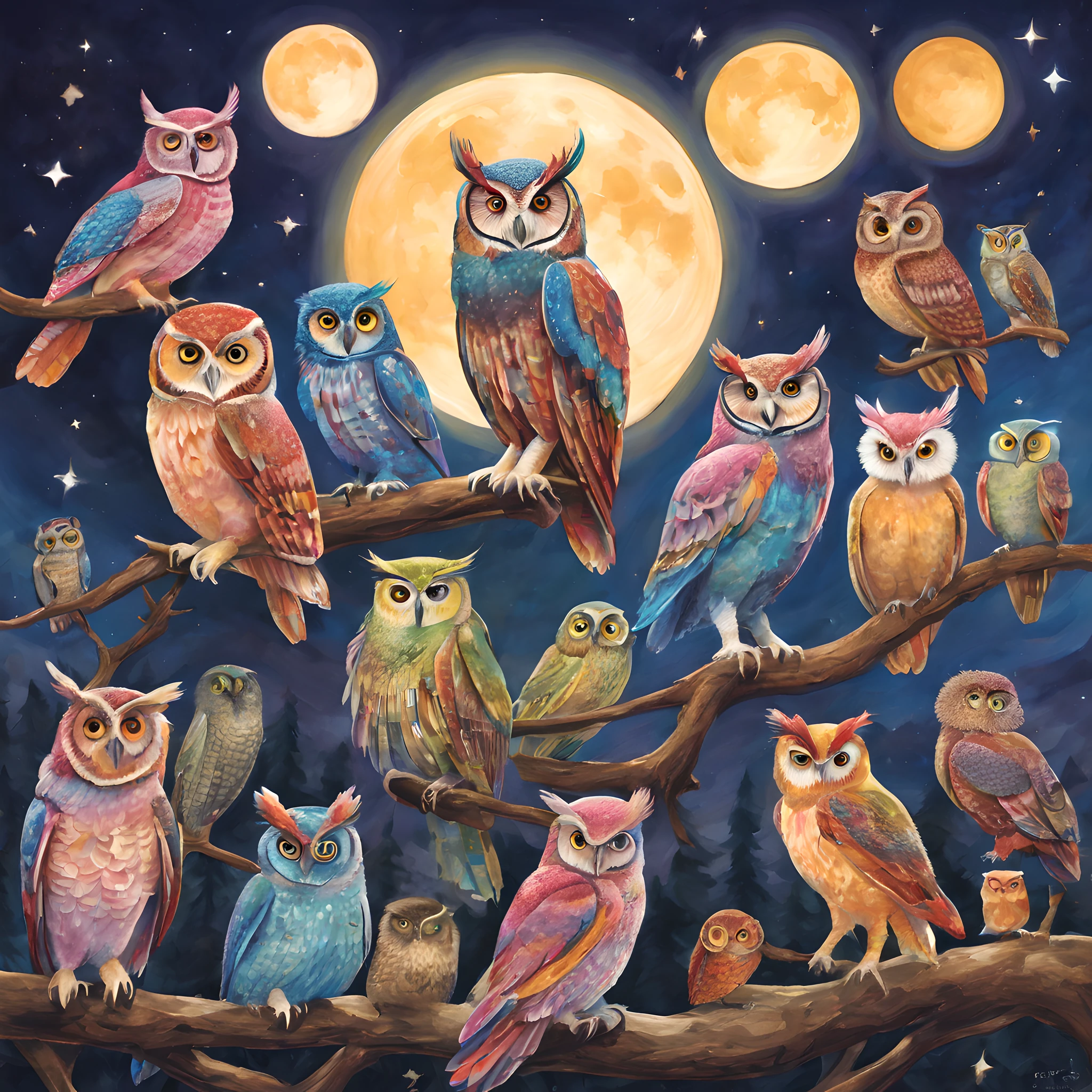 owls、Full Moon Night、Colorful owl、Harry potter、owls、Magic owl、a magical world、Fantasy World、