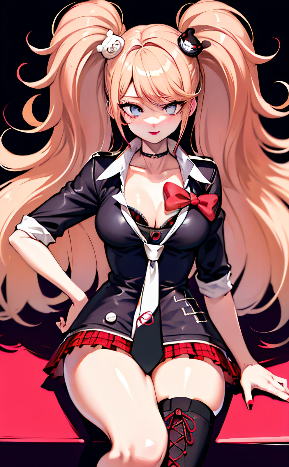 Junko Enoshima， A blonde long-haired， 1girll， double tails， 独奏， eBlue eyes， By bangs， bear hair ornament， nail polish， rednails， red bow， black shirt， underdressing， choker necklace， Black bra， 鎖骨， Sleeves rolled up， white necktie， Pleated plaid red dress， 校服， Black crossover lace-up knee boots， shiny， shinny hair， scenecy， view over city， urban backdrop， （hands on the chest）， hand on breast， correct hand，Correct anatomy，five fingers，beautiful hand，full bodyesbian