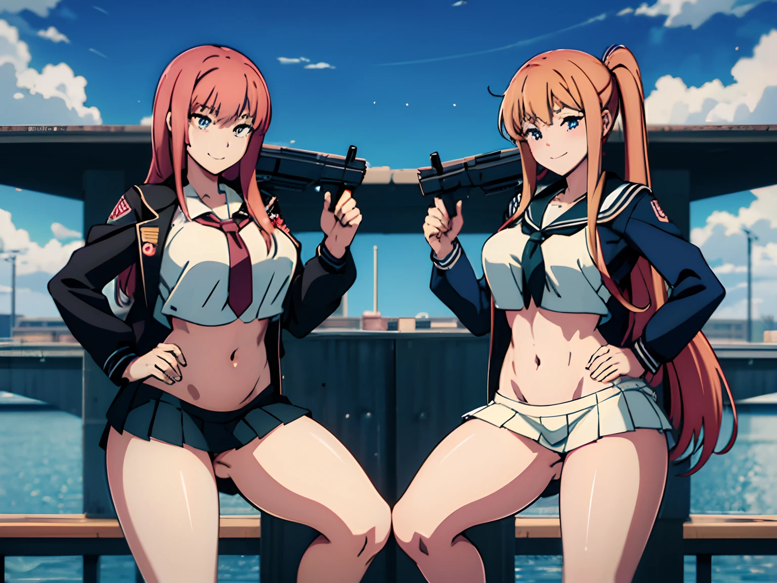 masterpiece, best quality, highly detailed, two anime girls in sailor uniforms with a gun posing for a picture, ecchi anime style, anime girls, kantai collection style, ecchi style, ecchi, shipgirls, digital anime art!!, high school girls, kantai collection arcade, in anime style, official artwork, visual novel cg, beautiful anime high school girl, anime style 4 k, short skirt, exposed belly, exposed navel, exposed midriff, exposed lower belly