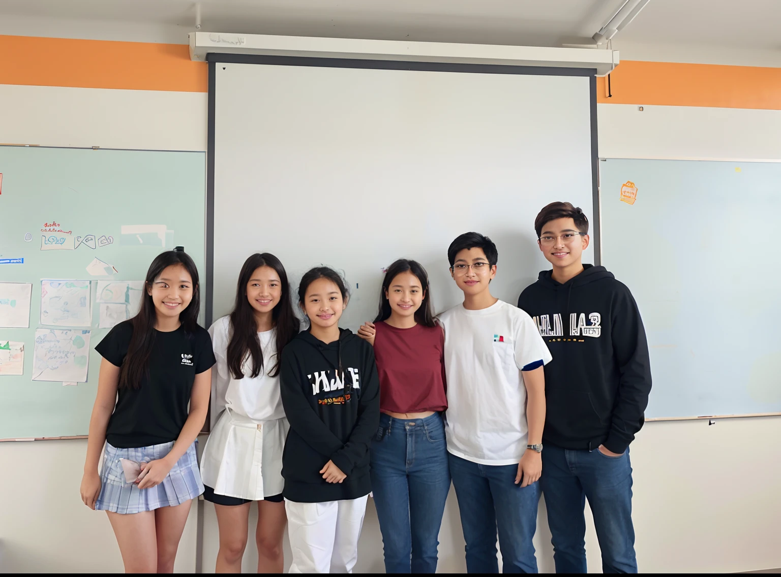 there are four people standing together in front of a white board, group photo, standing in class, student, taken with sony alpha 9, intermediate art, background image, captured on iphone, year 3022, photo taken in 2 0 2 0, a picture, taken with canon 8 0 d, in a classroom, f 2. 0
