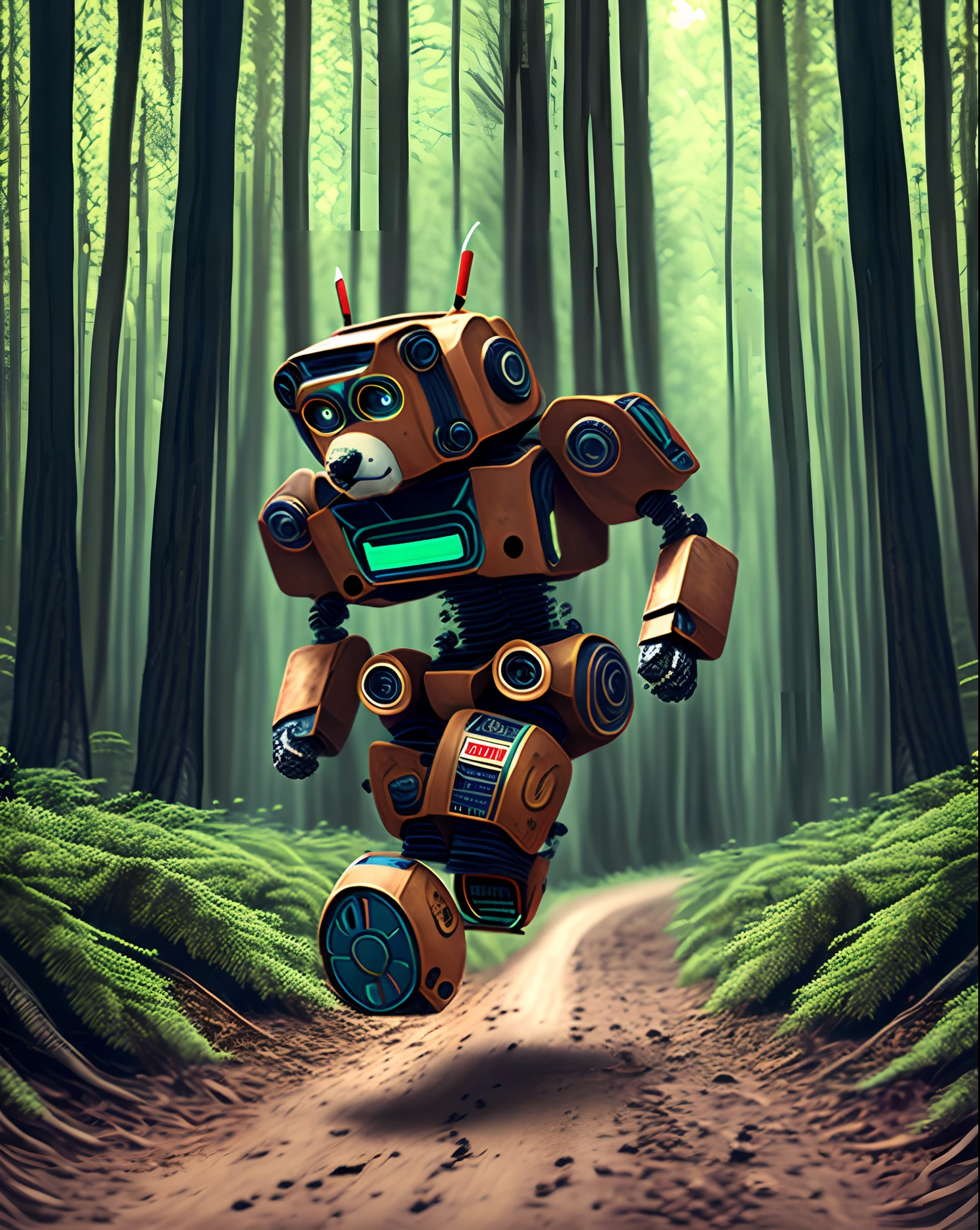 Trump robot running with his dog in a forest