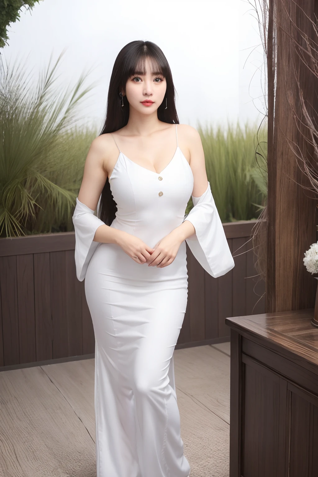 Full body photo,1girll, 。.3D, By bangs, Bare_bshoulders, Blurry_Background, brown_Eyes,, Depth_af_Field,Redlip, Looking_at_peeping at the viewer, mediating_Breasts, nase, Photo_\(mediating\), Realistis, The upper part of the body_Body, ultra - detailed, Detailed skins,ssmile,huge tit,No buttons,white hanfu,White period costume,