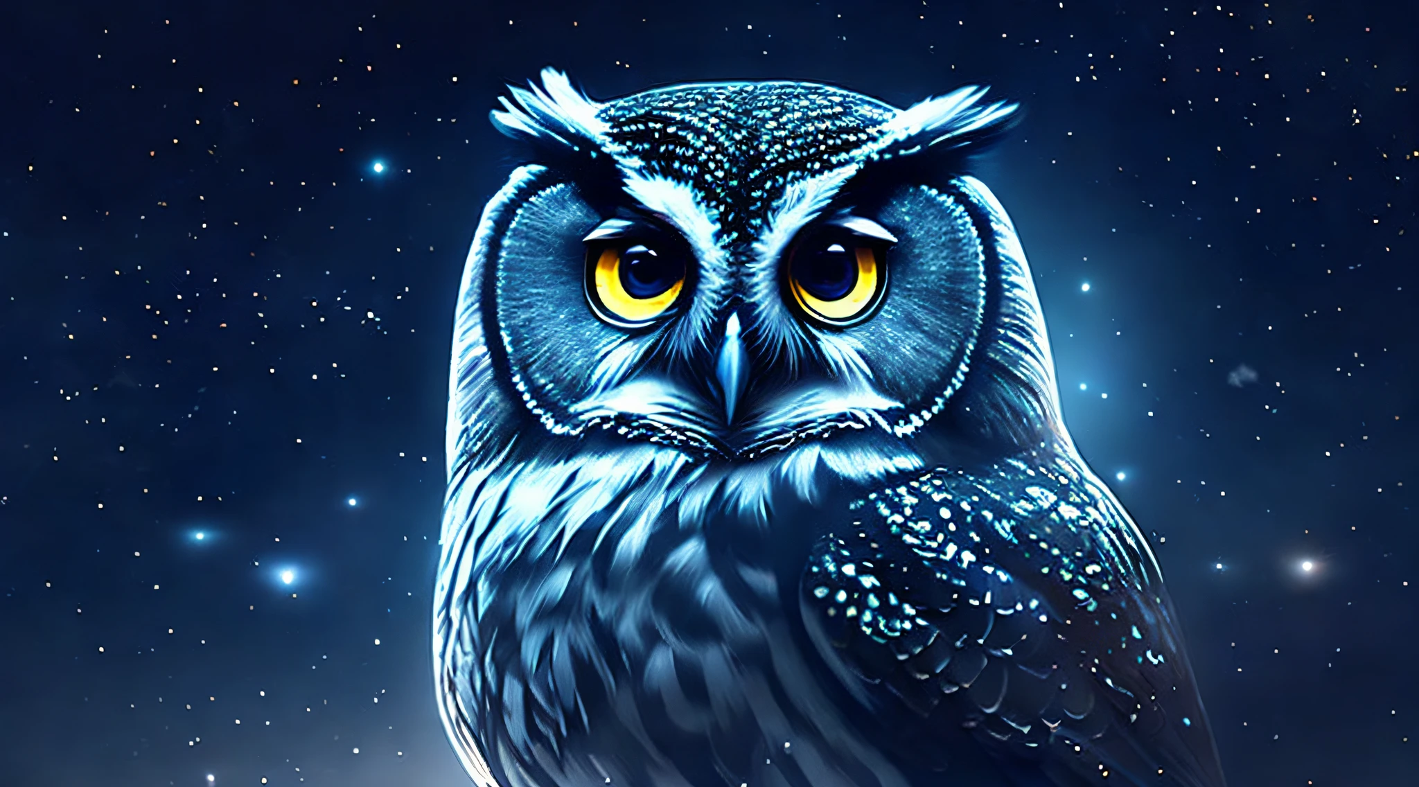 A captivating image of a beautiful owl at night, the moon's gentle light illuminates the owl's piercing eyes, the surroundings are shrouded in darkness, a sense of solitude and the owl's connection with the night, Illustration, digital art,