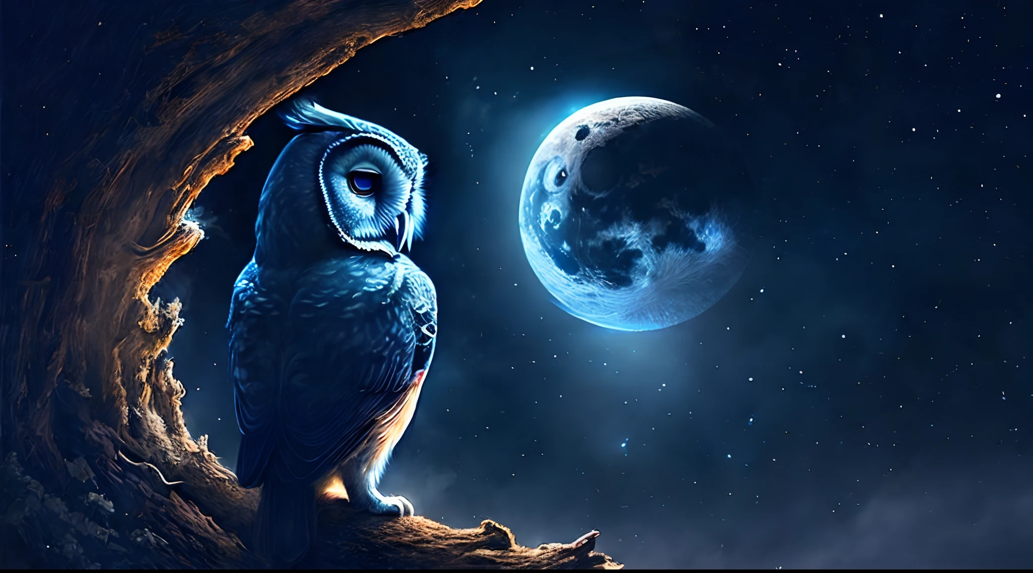 A captivating image of a beautiful owl at night, the moon's gentle light illuminates the owl's piercing eyes, the surroundings are shrouded in darkness, a sense of solitude and the owl's connection with the night, Illustration, digital art,