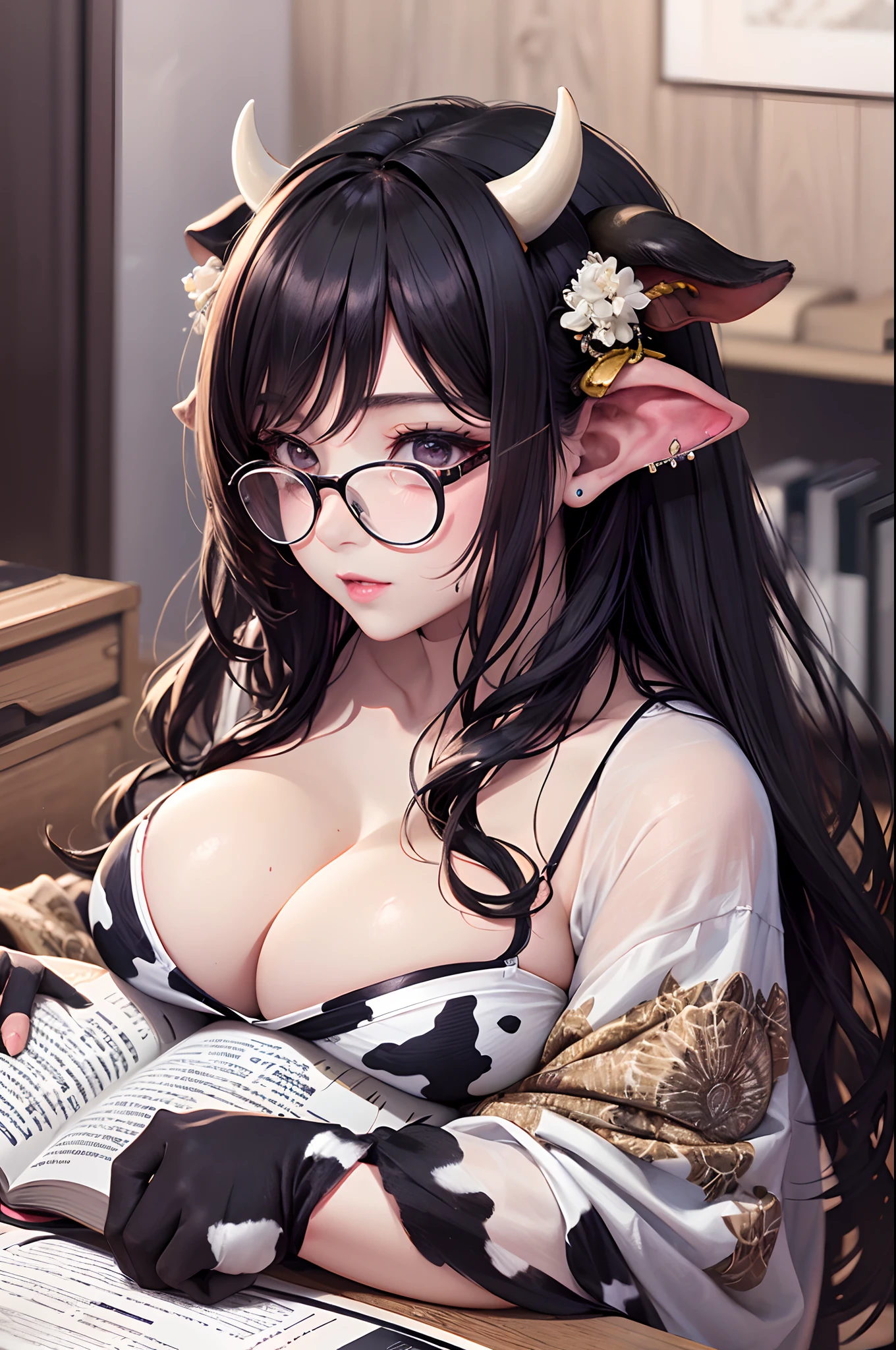 16K Ultra High Definition
Super detailed
The best of the best
Lustrous and detailed hair
Beautiful human woman with long hair
Super Big Voluptuous flesh
Black and white cow print kimono
Cow ears and cow small horns
Shiny skin
Red cheeks
Moisturized eyes
Wearing glasses
Reading a book at a desk
Rich breasts resting on the desk