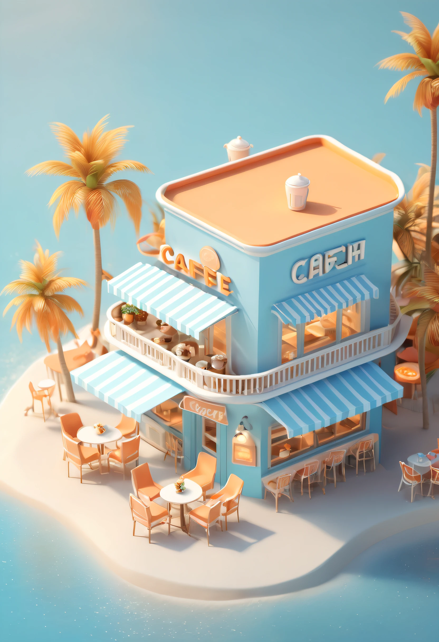 the miniature cafe at the beach, in the style of light blue and light orange, soft smooth lighting, 3d blender render, rich background, isometric, dreamy landscapes, 4k UHD, tilt