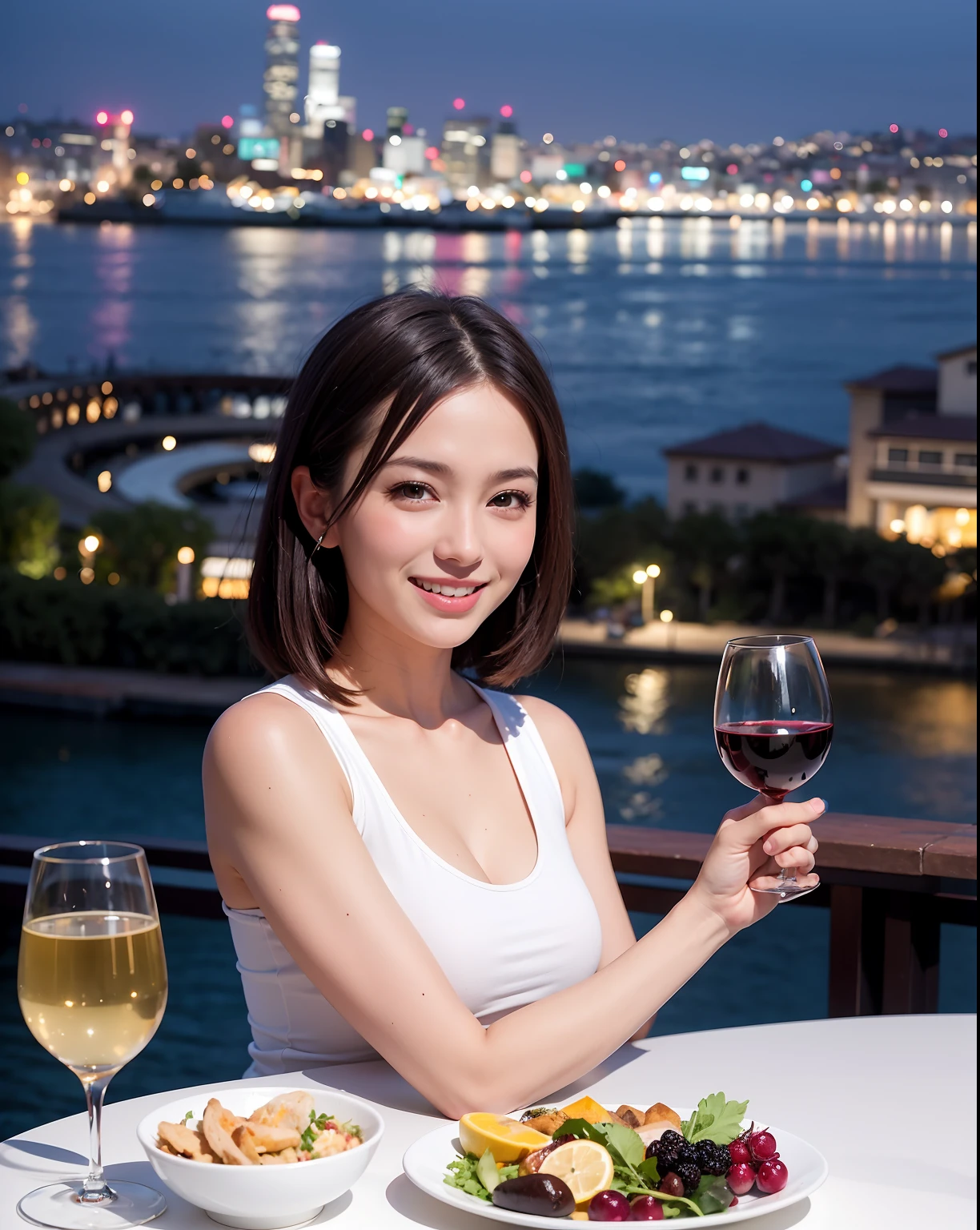 (64K, UHD, top quality, masterpiece: 1.2), (realistic, photorealistic: 1.37), super detailed, pretty woman 1 person, (slim face), (slim body), (brown hair), (short cut), cheeks slightly blushing, (44 years old), 38 years old, solo, beautiful detailed urban night view outside the window, restaurant, wine glasses sit, at night, in a prominent placeNovaFrogStyle, Actress, Model, Waist Up, White Wine, Slim, Wine Glass, Super Clean Night View, Wine Glass Put in the Middle, Happy Smile, (Smile: 1.15), Beautiful Fine Eyes, Upper Body, Bust Japan Up, Night, Short, Short, Actress, Model, Waist Up, White Wine, Slim, Wine Glass, Super Clean Night View, Wine Glass Put in the Middle, Happy Smile,