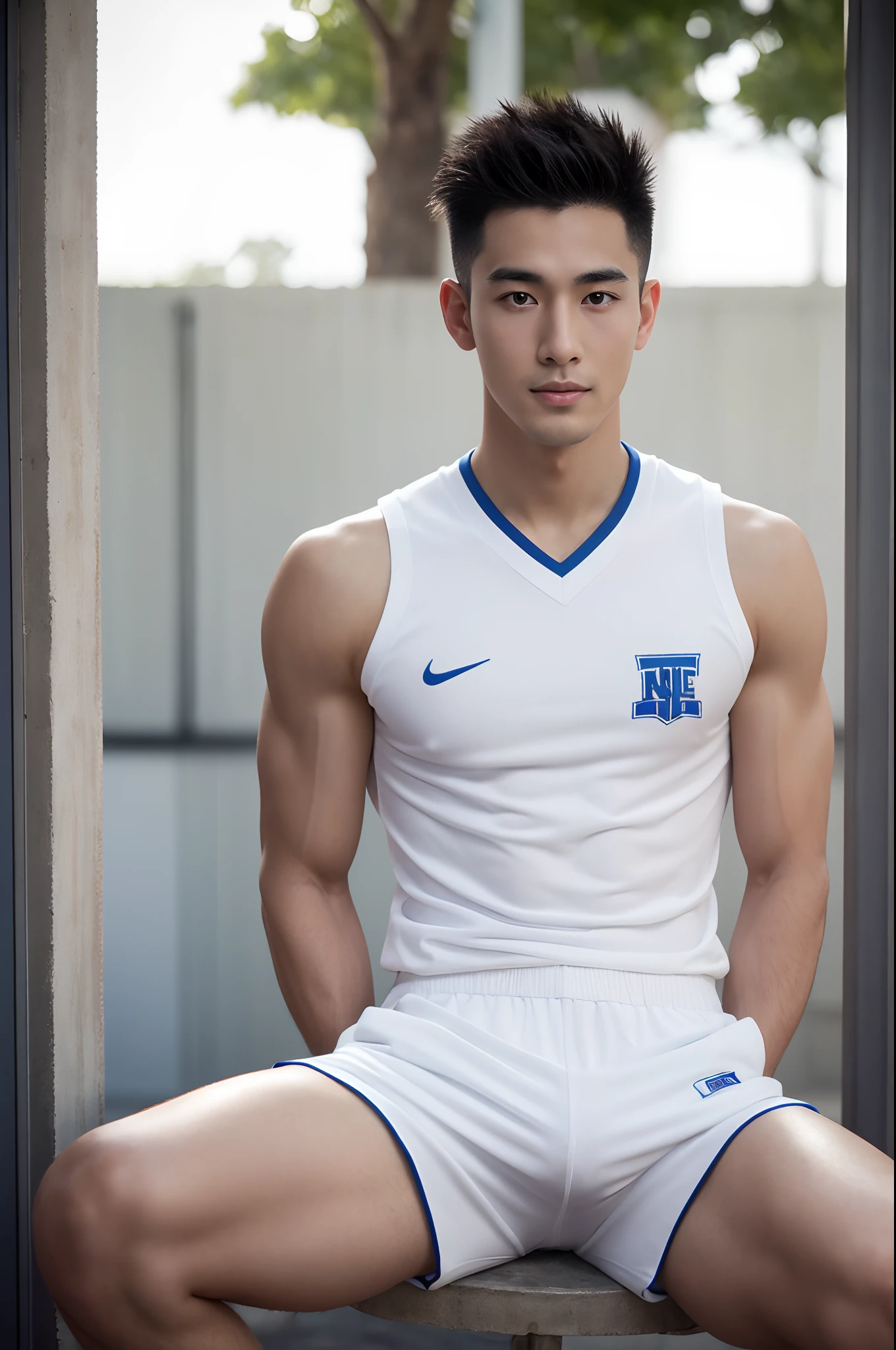 arafed boy in a hip white basketball uniforms, Full Body Shoot, Quiff haircut, look at camera, detailed facial parts, Manly, Charmer, Active Boy, Freestyle Pose, Happy Expression, Sex Manaice, perfect anatomy, symmetric body, asian boy 19 years old, shirtless :: high detail, asian, sexual, a little six packs attractive body, realistic, human skin, Short Hairstyle, handsome chad chin, shirtless, handsome, attractive, sexy boy, Pubic hair, masculine, sexually attractive, human skin, (eyes contact), Handsome, Attractive, Bigger Phallus in hip shorts