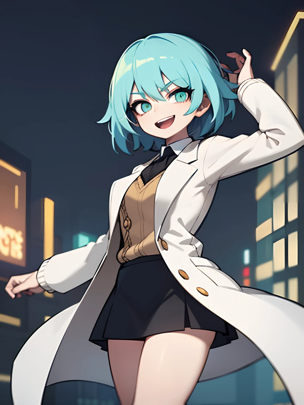 ((Masterpiece, Best quality)), (1girll), (Solo), (female focus), (, Cyan hair, Short hair), Dark green eyes, Light smile, Open mouth, ((White coat), (Sweaters), (buttonGap)), ((Black skirt), (Short skirt)), standing, Night city，Medieval old city, arms back behind, Dynamic Angle