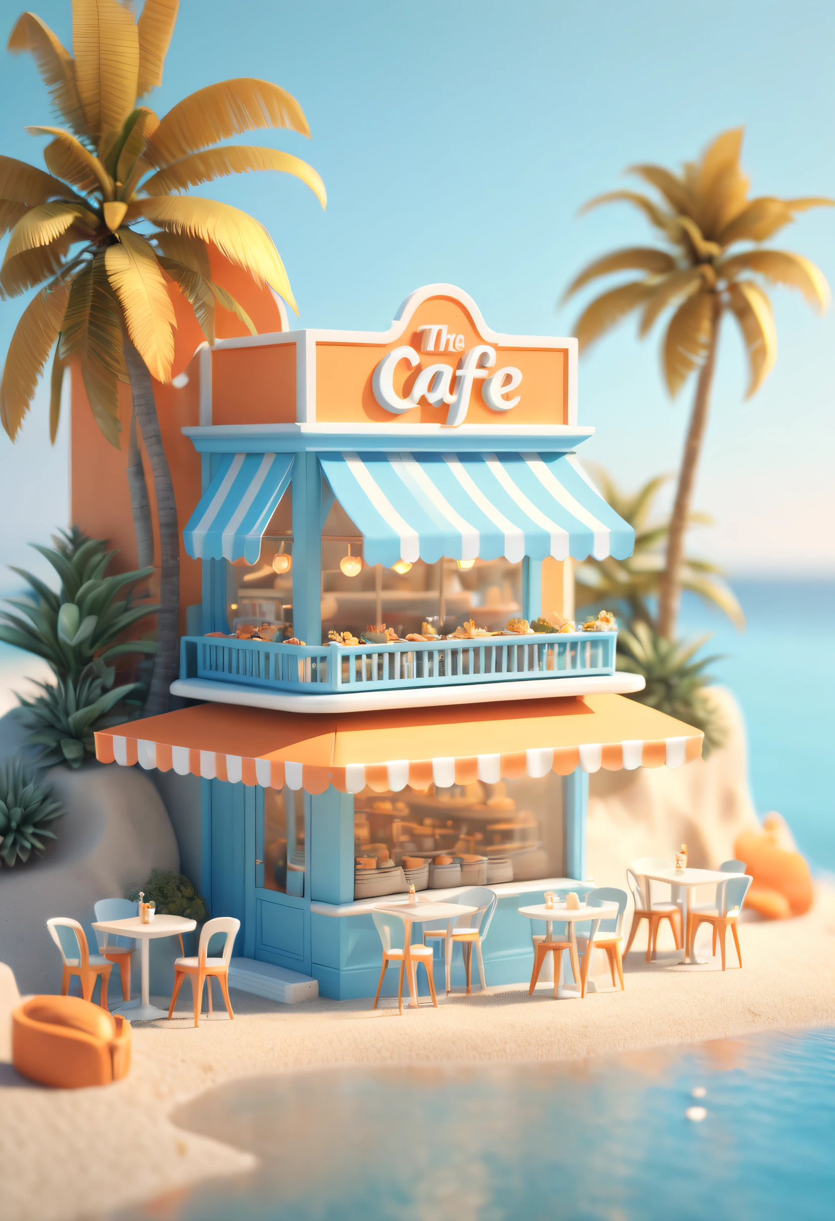 the miniature cafe at the beach, in the style of light blue and light orange, soft smooth lighting, 3d blender render, rich background, isometric, dreamy landscapes, 4k UHD, tilt
