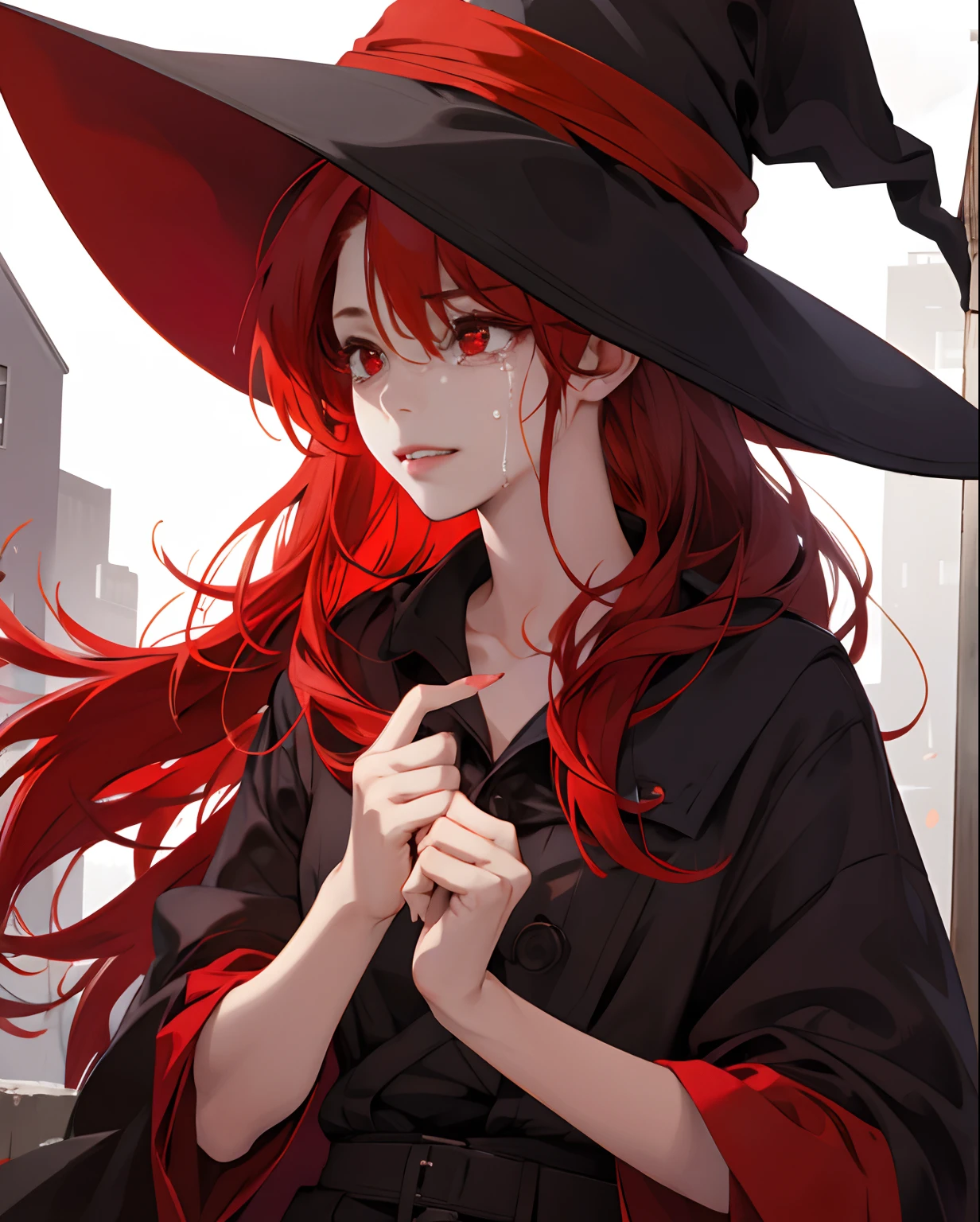 witch, witch hat, long red hair, tattooed arms, red eyes, vampire teeth, smoking vape, holding vape, smoke coming out of her mouth, lying on a bed, sensual position, short clothes, best quality, good anatomy, detailed face, 4k, masterpiece, detailed eyes