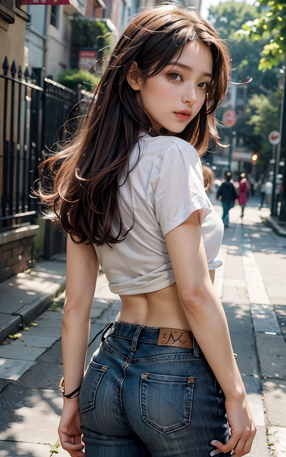 22 year old white female、hair color is brown、brown eyes、long hair、straight hair、accessories on wrist、wearing a necklace、has earrings、skin is smooth、Slender but muscular body、smile、My abs are cracked、I can see my bellybutton、wearing a short hoodie、I'm wearing hot pants、Being in a narrow alley of stone buildings in the old town、I'm looking at you with my butt against the wall.