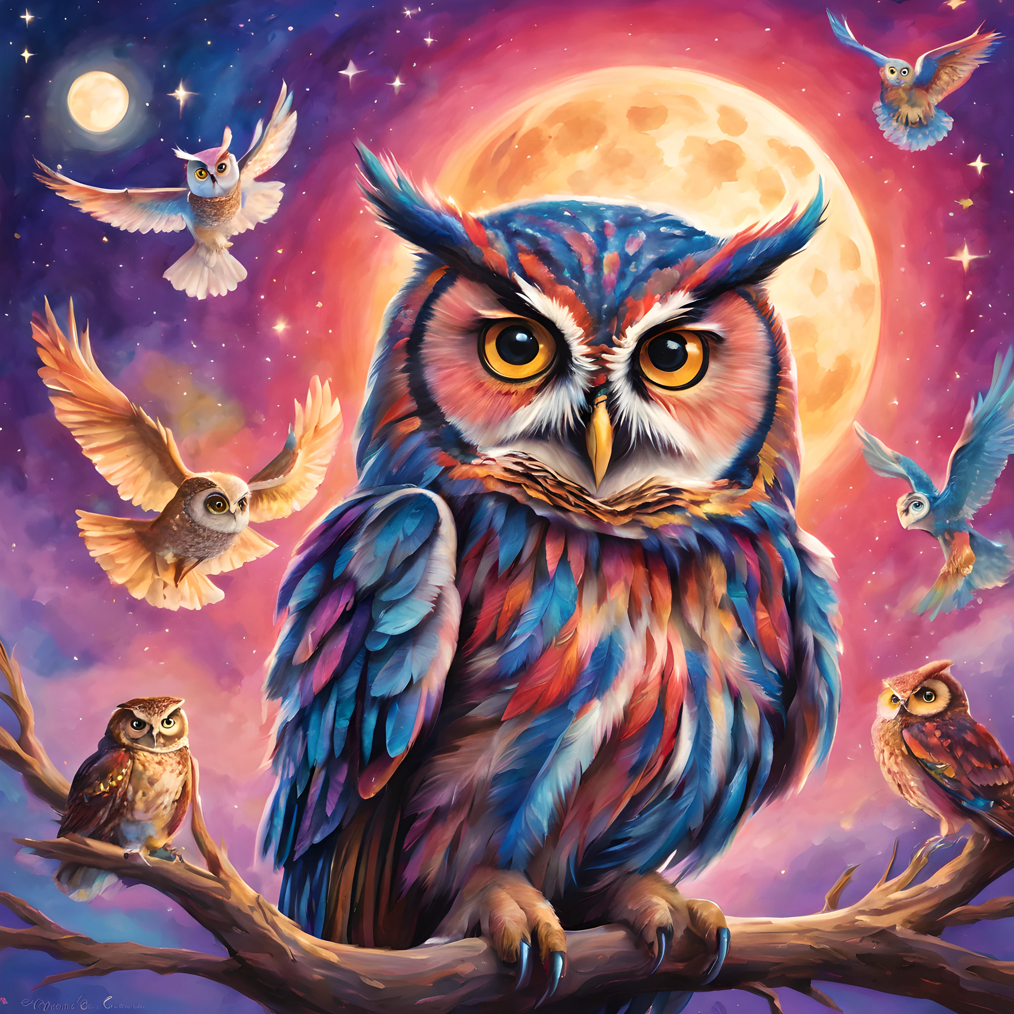 owls、Full Moon Night、Colorful owl、Harry potter、owls、Magic owl、a magical world、Fantasy World、