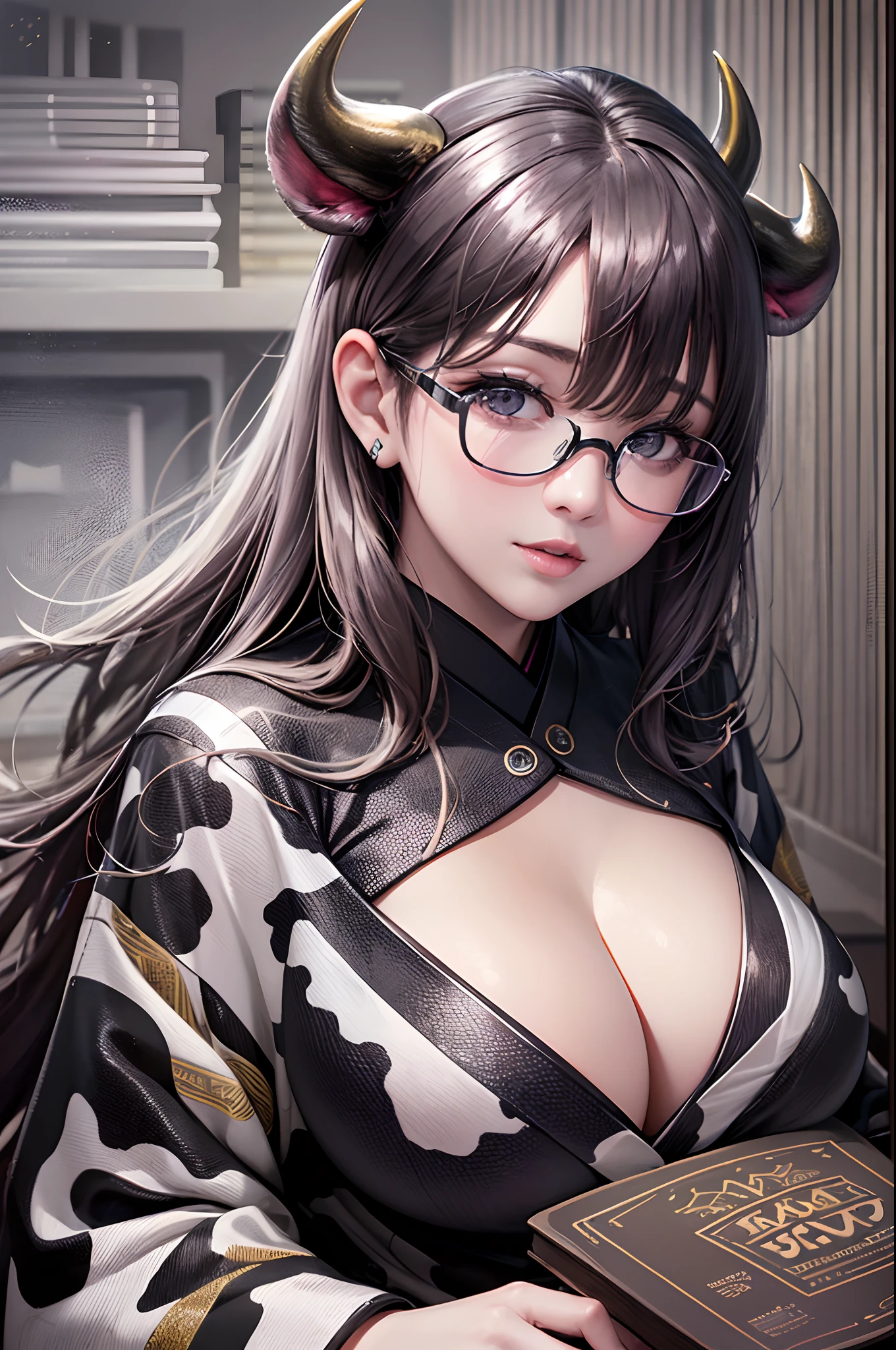 16K Ultra High Definition
Super detailed
The best of the best
Shiny detailed hair
Beautiful human woman with long hair
Super Big plump meat
Black and white cow print kimono
Cow ears and cow small horns
Shiny skin
Red cheeks
Moisturized eyes
Wearing glasses
Reading a book at a desk
Rich breasts on desk on library background
