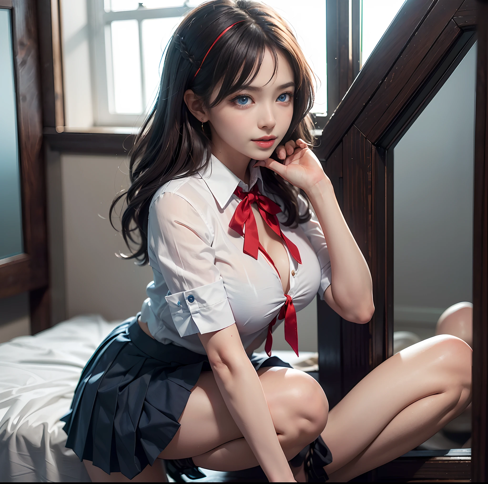 top-quality, masterpiece, (Professional lighting without shadows), A hyper-realistic, Bewitching, perfect anatomia, Two girls, (Proudly stand in front of the camera、Girl showing off ribbon tie, Another girl on the other side、Bend over and stick your butt out towards the camera), ( Huge breasts:1.2), Bright and even whitening skin without wrinkles and steps, (Bright beautiful blue eyes with long eyelashes and red tear bags reflected light:1.3)、 Braided half-up hair with bangs, (Although her outfit is a cramped schoolgirl uniform that fits the body,,,,,,、She dresses up super mini pleated skirt length very short:1.3), (Proudly showing off a crimson ribbon tie from the front), (Another girl on the other side、To beautifully emphasize the proud ultra mini pleated skirt、Showing off a pose with the buttocks exposed from directly behind:1.4), (Beautiful face squinting in dazzling light), (ssmile),