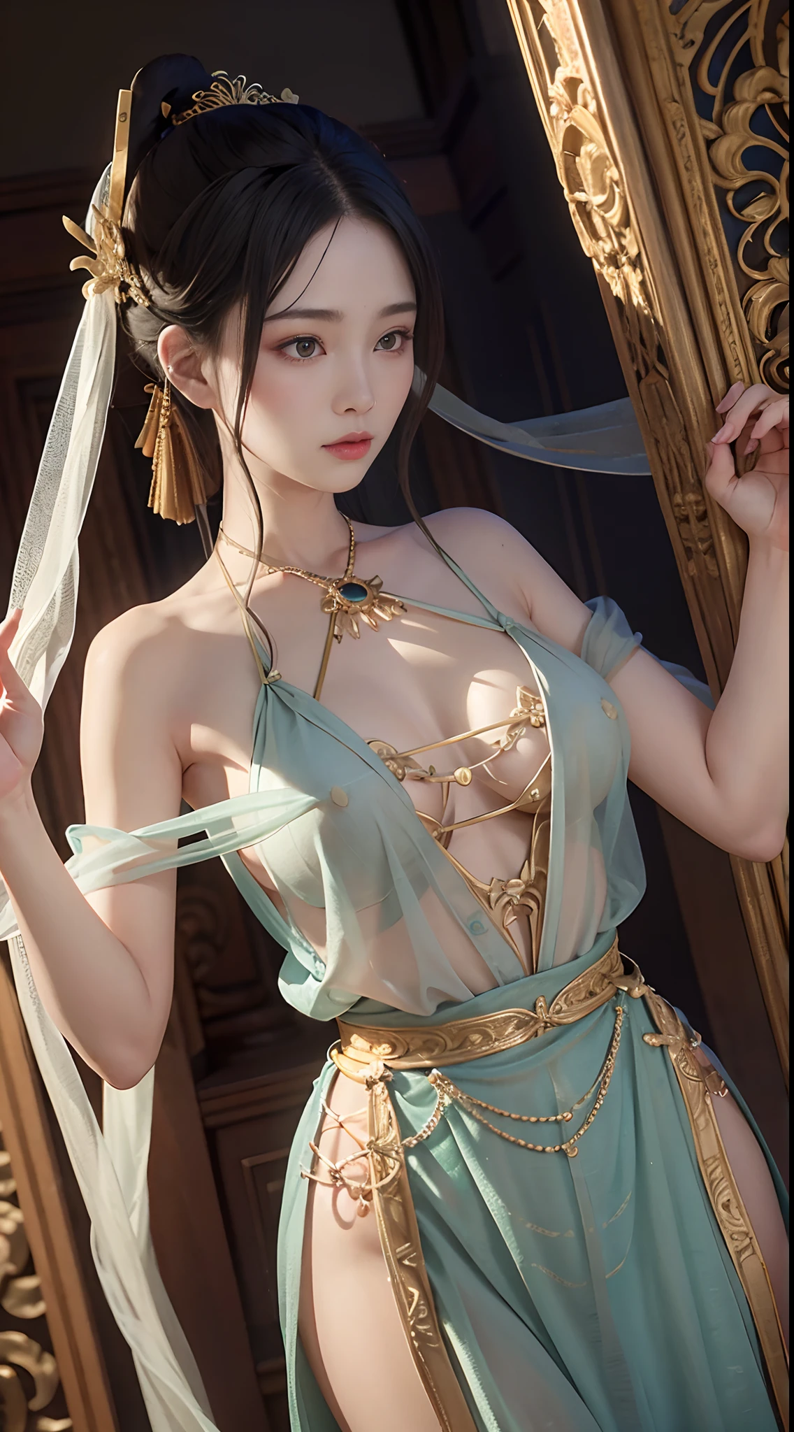 Best qualtiy，master-piece，Very detail，high-res，10，intricate detailed，lifelike，real light，dramatic light，1girll，dunhuang_clothes，dunhuang_dress，huge breast，No blockages，Through a thin curtain.，A glimpse of the chest，Create interesting and thought-provoking effects，cowboy lens，swirls