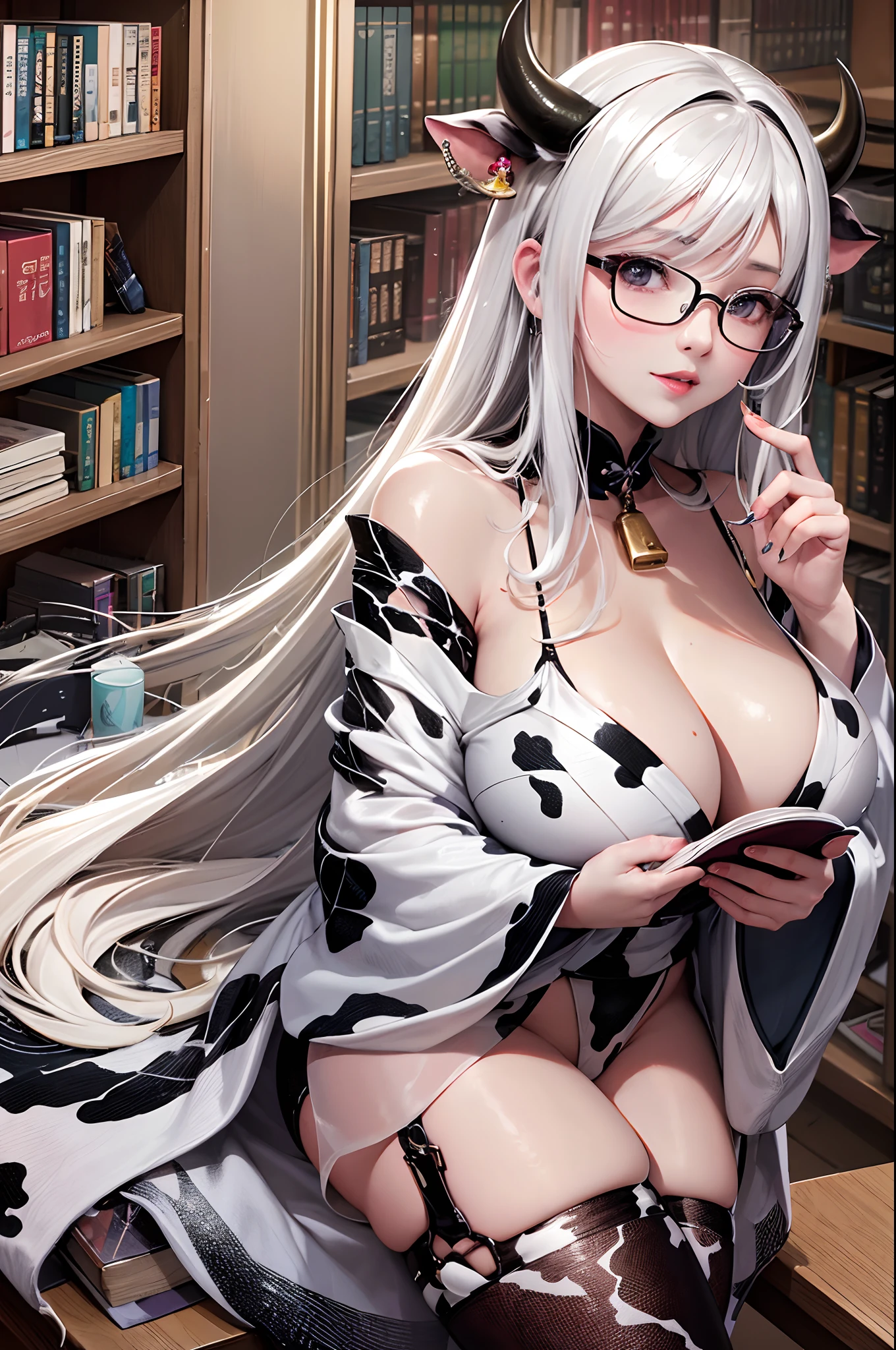 16K Ultra High Definition
Super detailed
The best of the best
Shiny detailed hair
Beautiful human woman with long hair
Super Big　plump meat
Black and white cow print kimono
Cow ears and cow small horns
Shiny skin
Red cheeks
Moisturized eyes
Wearing glasses
Reading a book at a desk
Rich breasts on desk on library background