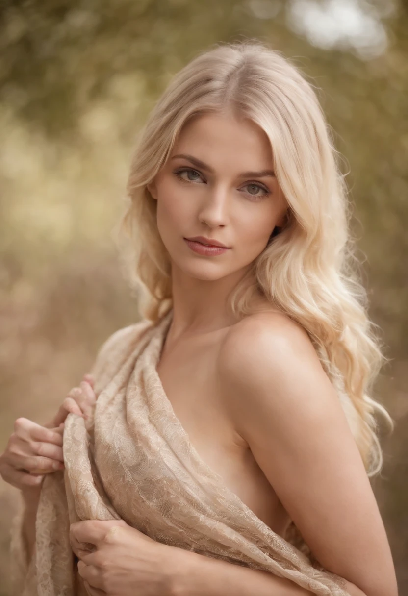 Blonde woman wearing Indian scarf, fully naked , showing breasts, nude , perfect body