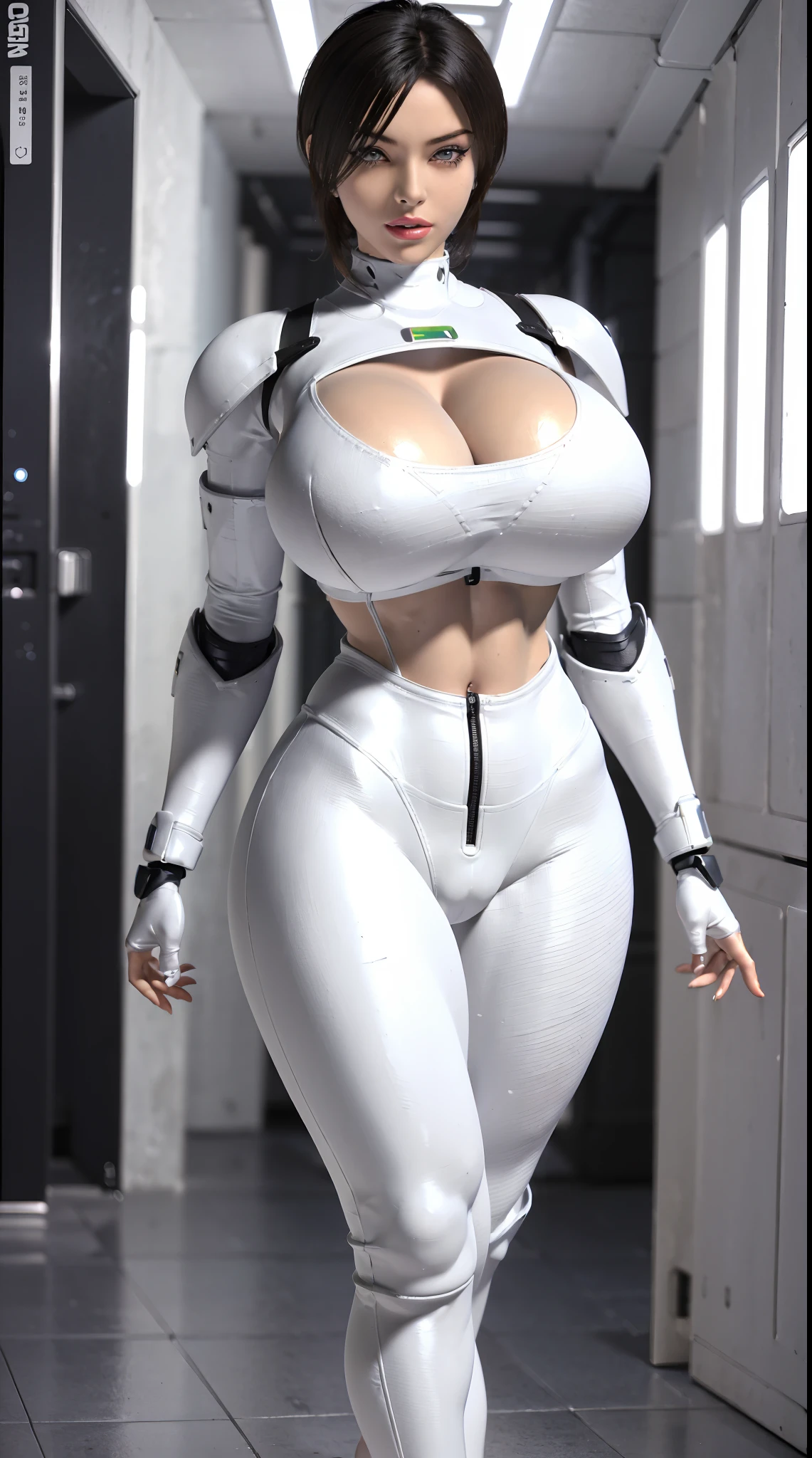 (1GIRL,SOLO:2), (super detailed face), ((BIG BUTTOCKS, HUGE FAKE BREASTS:1.5)), (CLEAVAGE TOP:1.5), (BARE MUSCLE ABS:1.4), (MECHA GUARD ARM:1.4), ((WEAR WHITE MECHA OVERWATCH ARMOR CROP TOP, BLACK MECHA SKINTIGHT SUIT PANTS, MECHA GUARD ARMOR LEGS, HIGH HEELS:1.6)), (MUSCULAR FEMALE BODY:1.3), (GLOWING SKIN:1), (LONG LEGS, FULL BODY:1.1), (LOOKING AT VIEWER:1.3), (female focus:0.886), (WALKING DOWN HALLWAY OF FUTURISTIC SPACE STATION:1), (BRIGHT LIGHT WHITEROOM:1.3), SUPER TEXTURE, UNREAL ENGINE RENDER, PHYSICALLY-BASED RENDERING, ULTRA HIGHT DEFINITION, 16K, 1080P.