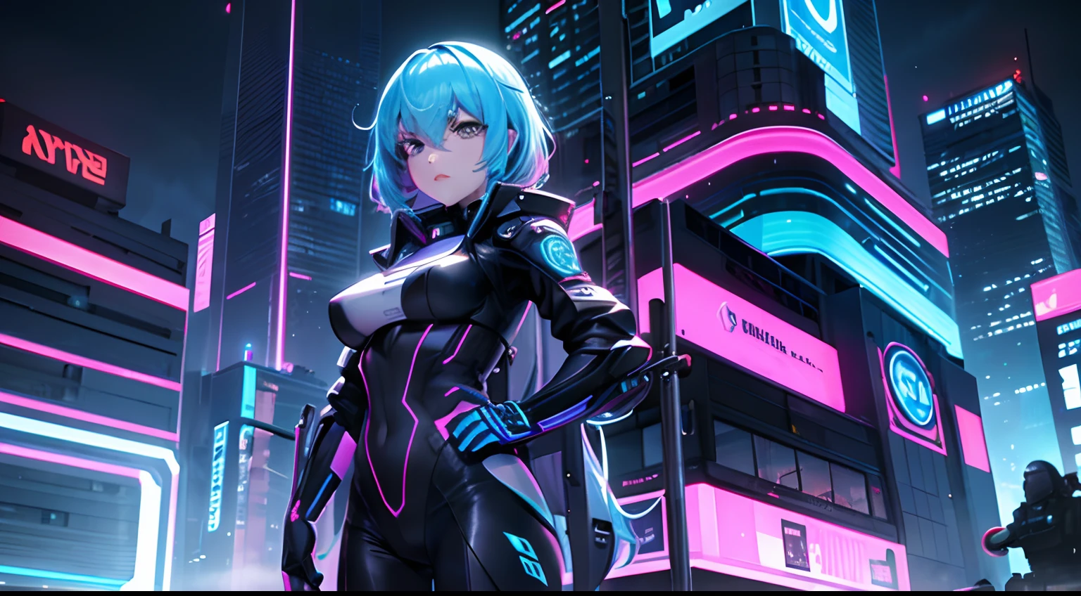 masterpiece, best quality, 1 cyberpunk girl, full body shot, standing in front of motorcycle, looking at viewer, Confident cyberpunk girl with sassy expression, Harajuku-inspired pop outfit, bold colors and patterns, eye-catching accessories, trendy and innovative hairstyle, vibrant makeup, Cyberpunk dazzling cityscape, skyscrapers, neon signs, LED lights, bright and vivid color scheme, anime, illustration, detailed skin texture, detailed cloth texture, beautiful detailed face, intricate details, ultra detailed.