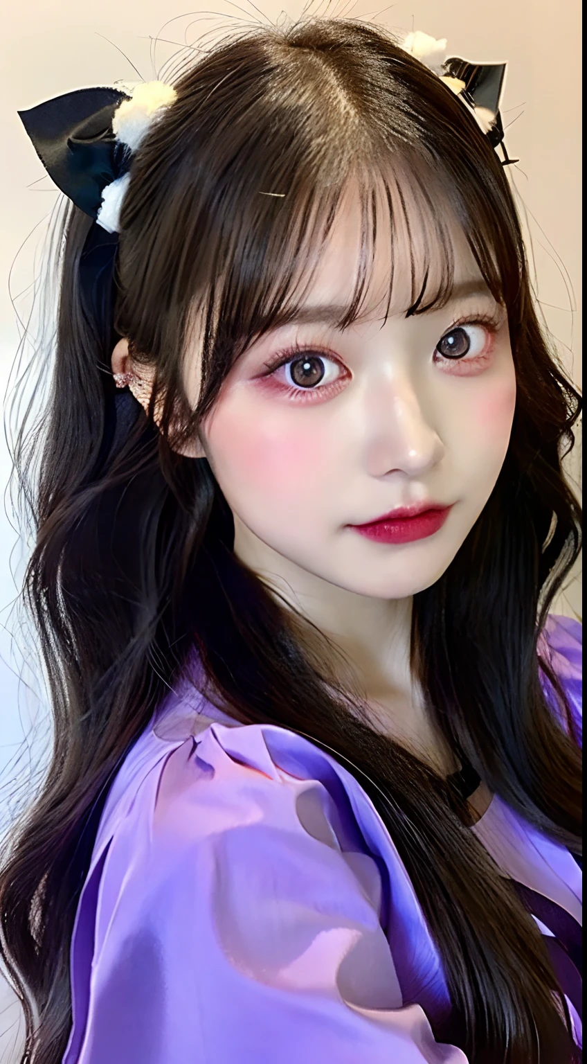 Close-up of a woman with long hair and a bow on her head., ulzzang, popular south Korean makeup, With shining purple eyes., pale round face, beautiful aesthetic face, With glowing red eyes., popular Korean makeup, Pale skin and purple eyes., wan adorable korean face, Pale radiant skin, jinyoung shin, With bright purple eyes., headshot profile picture