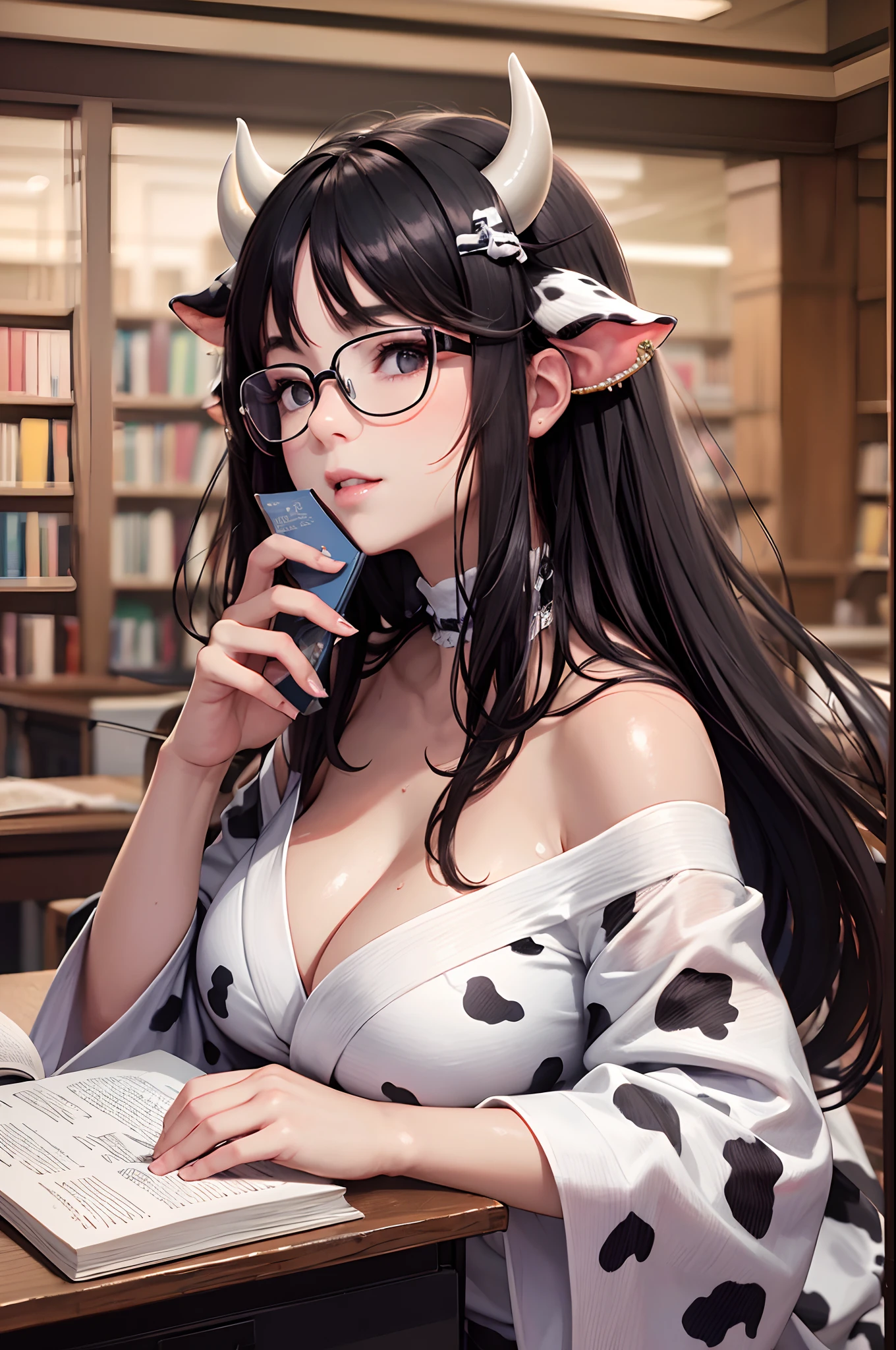 16K Ultra High Definition
Super detailed
The best of the best
Shiny detailed hair
Beautiful human woman with long hair
Super Big plump meat
Black and white cow print kimono
Cow ears and cow small horns
Shiny skin
Red cheeks
Moisturized eyes
Wearing glasses
Reading a book at a desk
Rich breasts on desk on library background