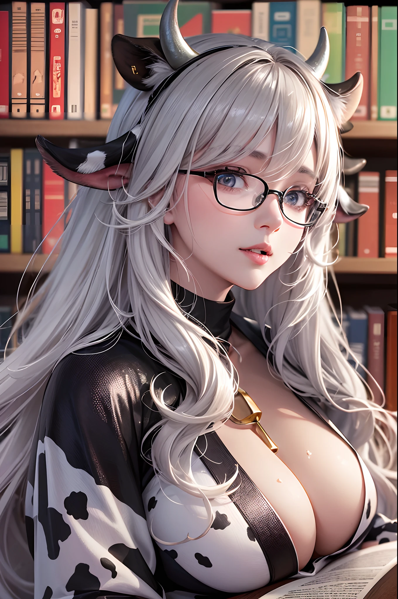 16K Ultra High Definition
Super detailed
The best of the best
Shiny detailed hair
Beautiful human woman with long hair
Super Big　plump meat
Black and white cow print kimono
Cow ears and cow small horns
Shiny skin
Red cheeks
Moisturized eyes
Wearing glasses
Reading a book at a desk
Rich breasts on desk on library background