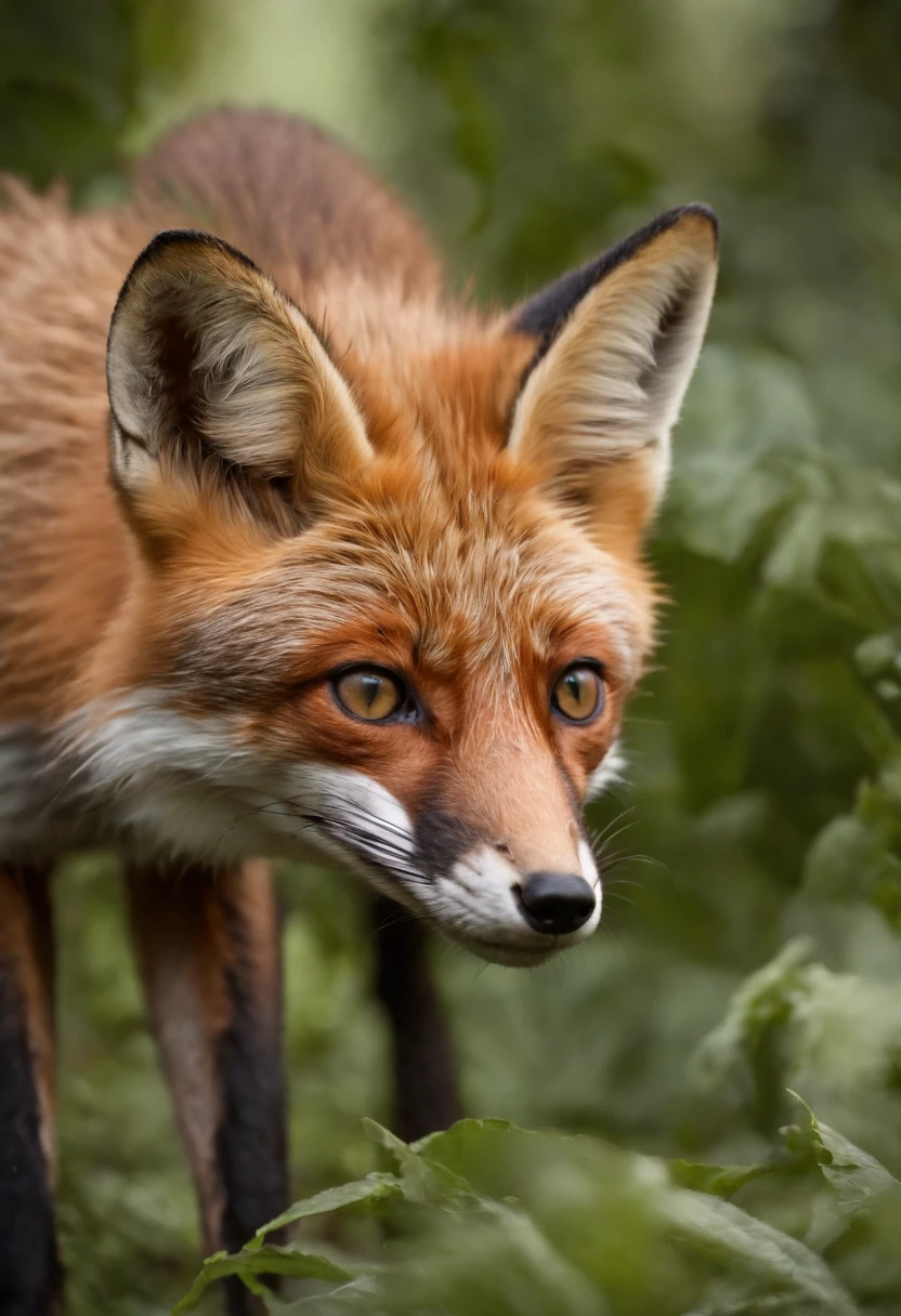 High National Geographic symmetry close-up portrait of expressive fox in green jungle, Anamorphic lenses, Ultra-realistic, Hyper-detailed, Green core, Jungle Core – AR 16:9 –q 2 –v 5