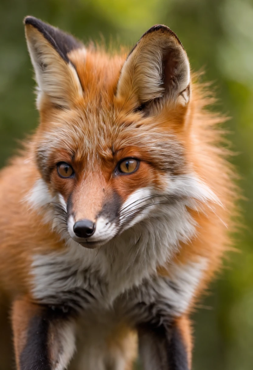 High National Geographic symmetry close-up portrait of expressive fox in green jungle, Anamorphic lenses, Ultra-realistic, Hyper-detailed, Green core, Jungle Core – AR 16:9 –q 2 –v 5