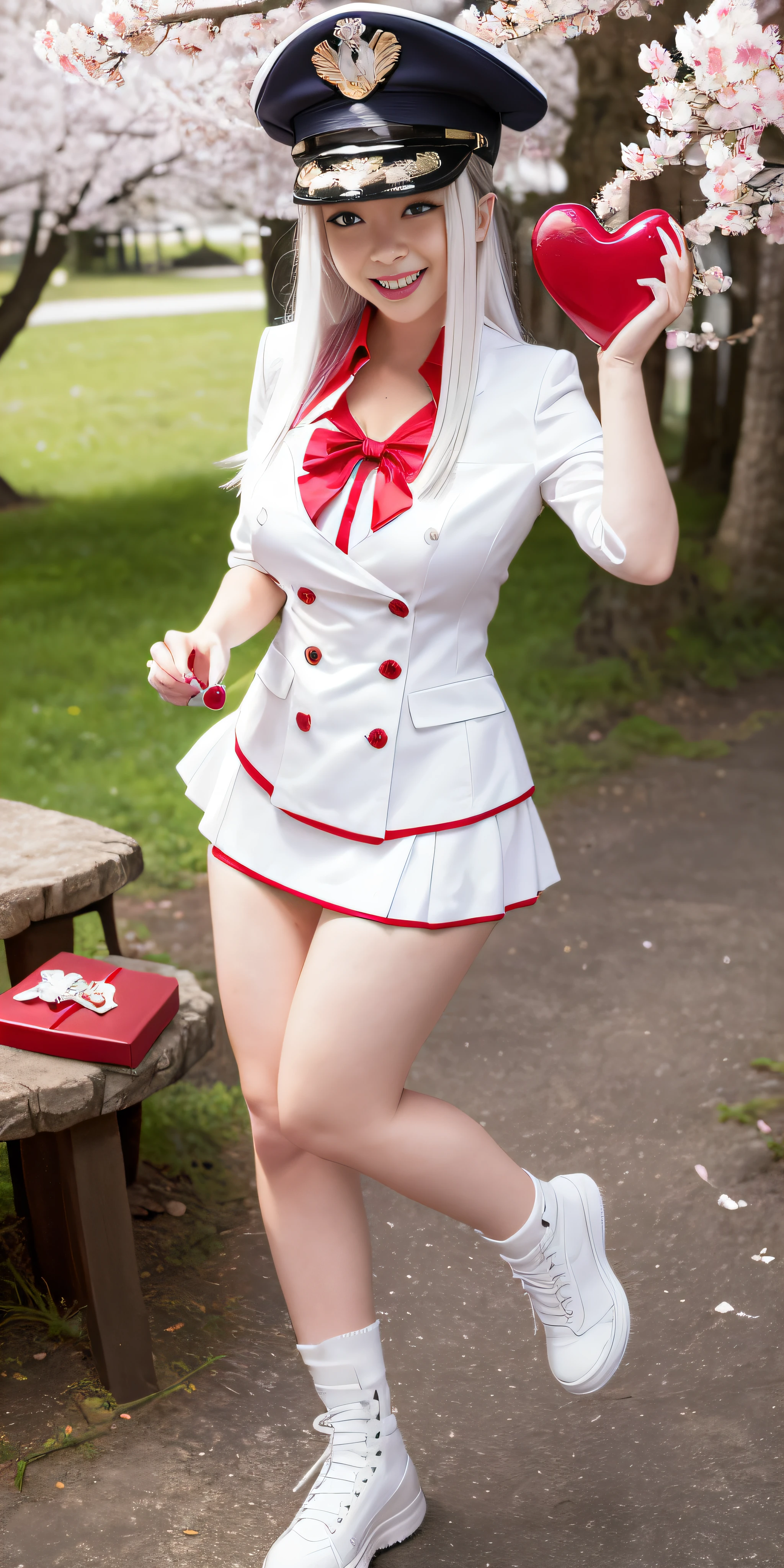 full body, vibrant colors, sexy girl, masterpiece, sharp focus, best quality, depth of field, cinematic lighting, ( 50% white captain outfit), hat, long hair, white hair, red eyes, laughing, smile, medium breasts, cherry blossom, outdoors, holding gift, giving gift, holding heart shape gift, miniskirt, (((100% clothes off)))