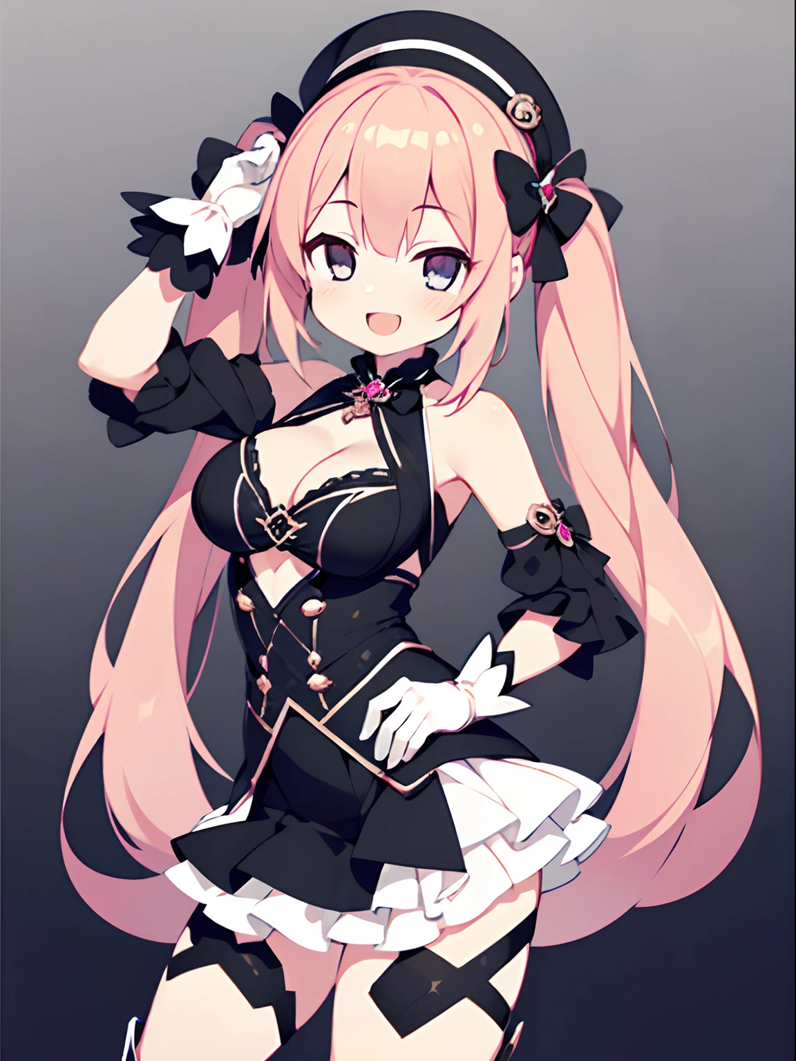 character sheet, Highly detailed and realistic CG, Colorful, Masterpiece, Best Quality, jewel-like eyes, 1girl, solo, pink hair, shiny hair, very long twintails, slender, skinny legs, black magicalgirl costume, layered skirt, luxury boots, black eyes, big boobs, sagging breasts, cleavage, hand on headwear, smile, jitome, half-closed eyes, standing, contrapposto, tsurime, monochrome background, white gloves, open mouth, pov, best quality eyes, stylish pose,