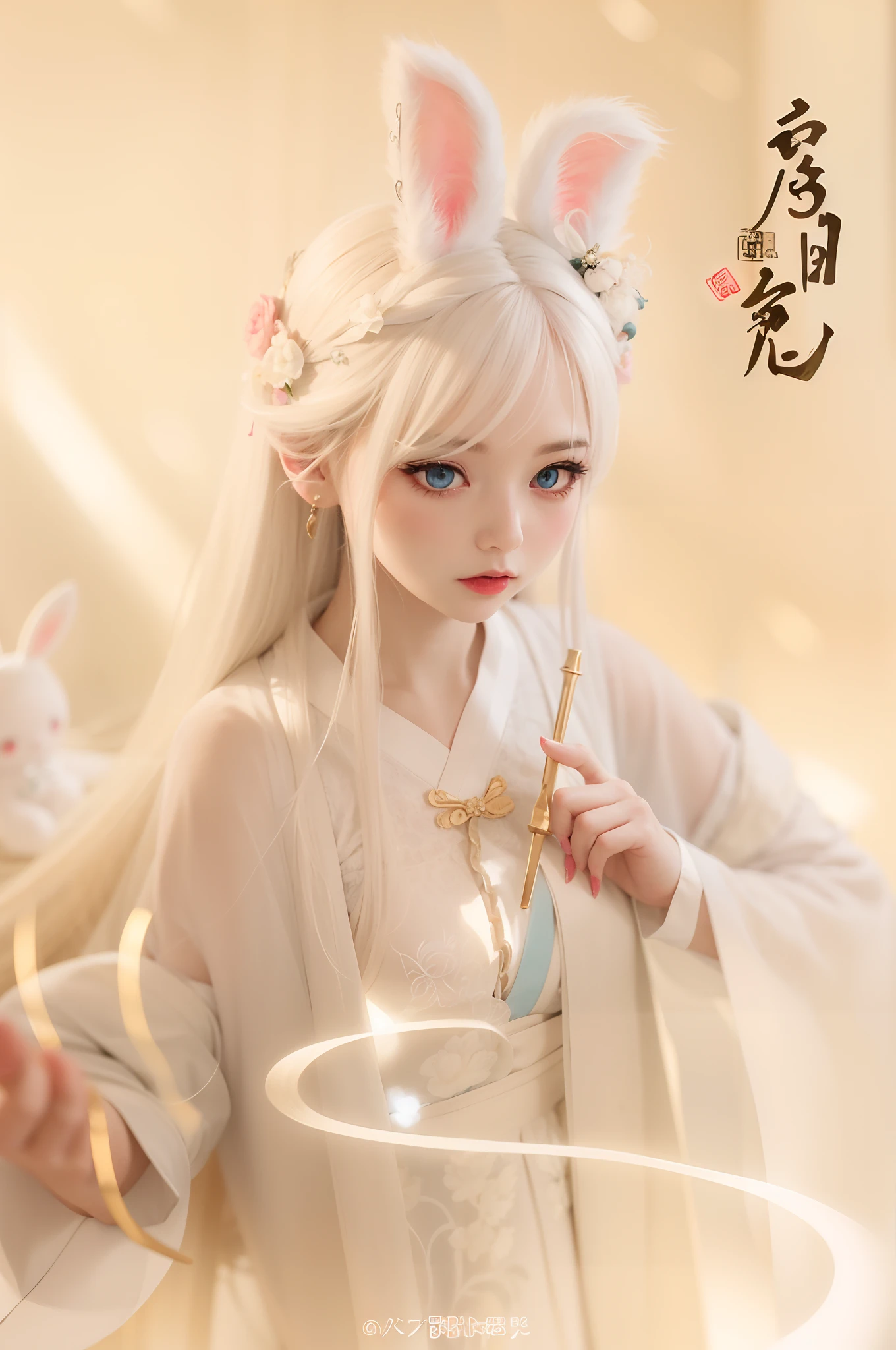 Doll with white hair and rabbit ears holding pen, White-haired god, White Hanfu, heise jinyao,Di Li Gerba, Palace , A girl in Hanfu, Inspired by Bian Shoumin, with long white hair, xianxia fantasy, long white hair, Hanfu, White-haired, Flowing white robe, drak,Cute bunny ears,ball jointed doll,blue color eyes,Long eyelashes,valentine,a plush,pale porcelain white skin,Guviz, detailed hairs,Guviz-style artwork, drak, white haired Cangcang, guweiz masterpiece, long white hair, White-haired, Beautiful young wind spirit, small boobs,The photo is clear,The eye structure is correct,long eyelasher,Look to the right