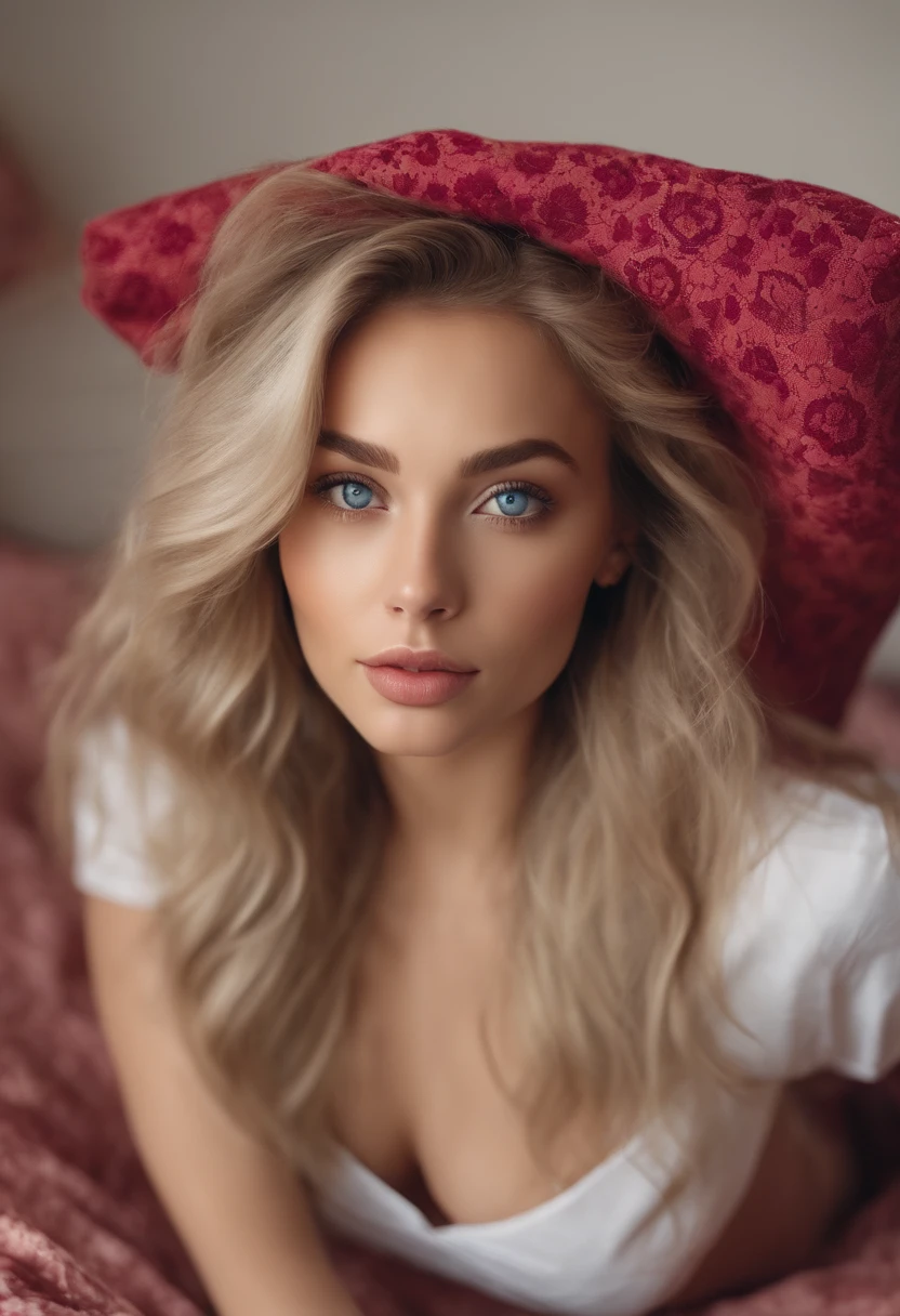 Arafed woman in full , Sexy girl with blue eyes, ultra realistis, Meticulous detail, portrait sophie mudd, blonde hair and large eyes, selfie of a young woman, bedroom eyes, violet myers, no makeup, natural makeup, looking straight at camera, face with artgram, fine makeup, Stunning full-length shot, kneeling on the bed, in bedroom, Bust of large size